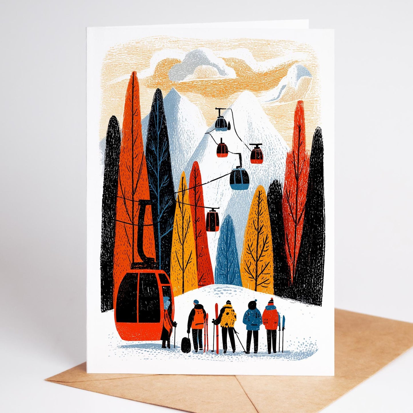 Illustration of a winter scene with people skiing and a cable car, on a white background.