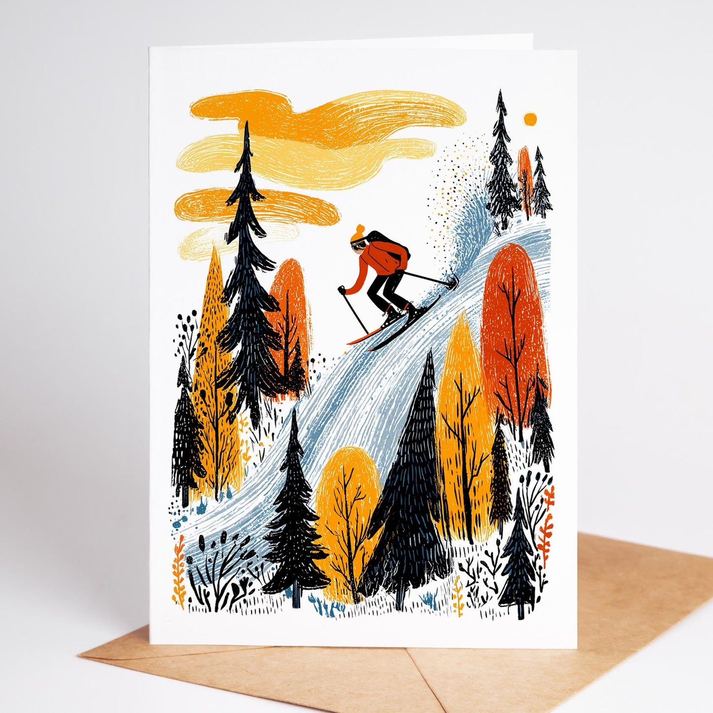 Illustration of a skier in a forest with autumn colors on a greeting card.