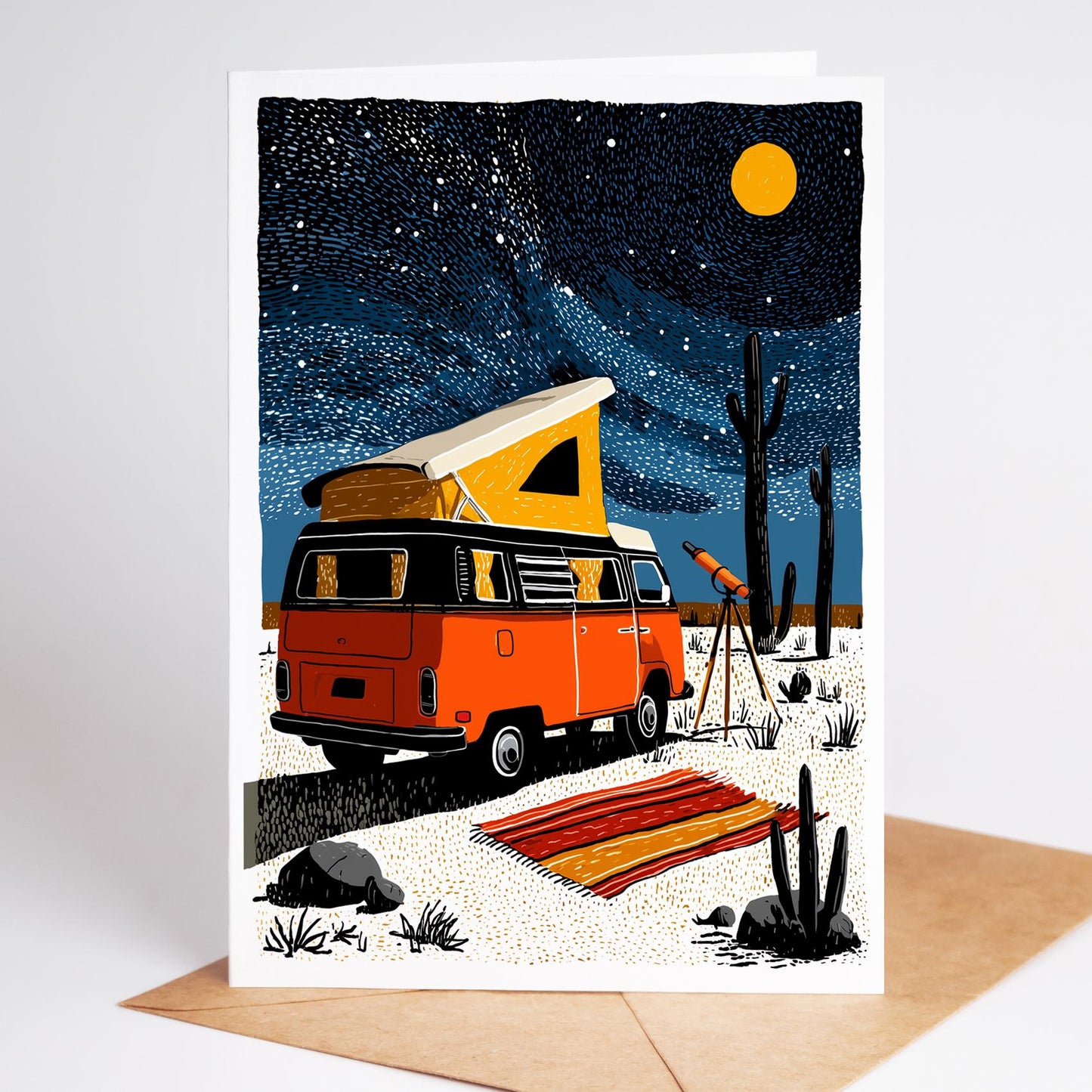 Illustration of a camper van in a desert landscape with a starry night sky.