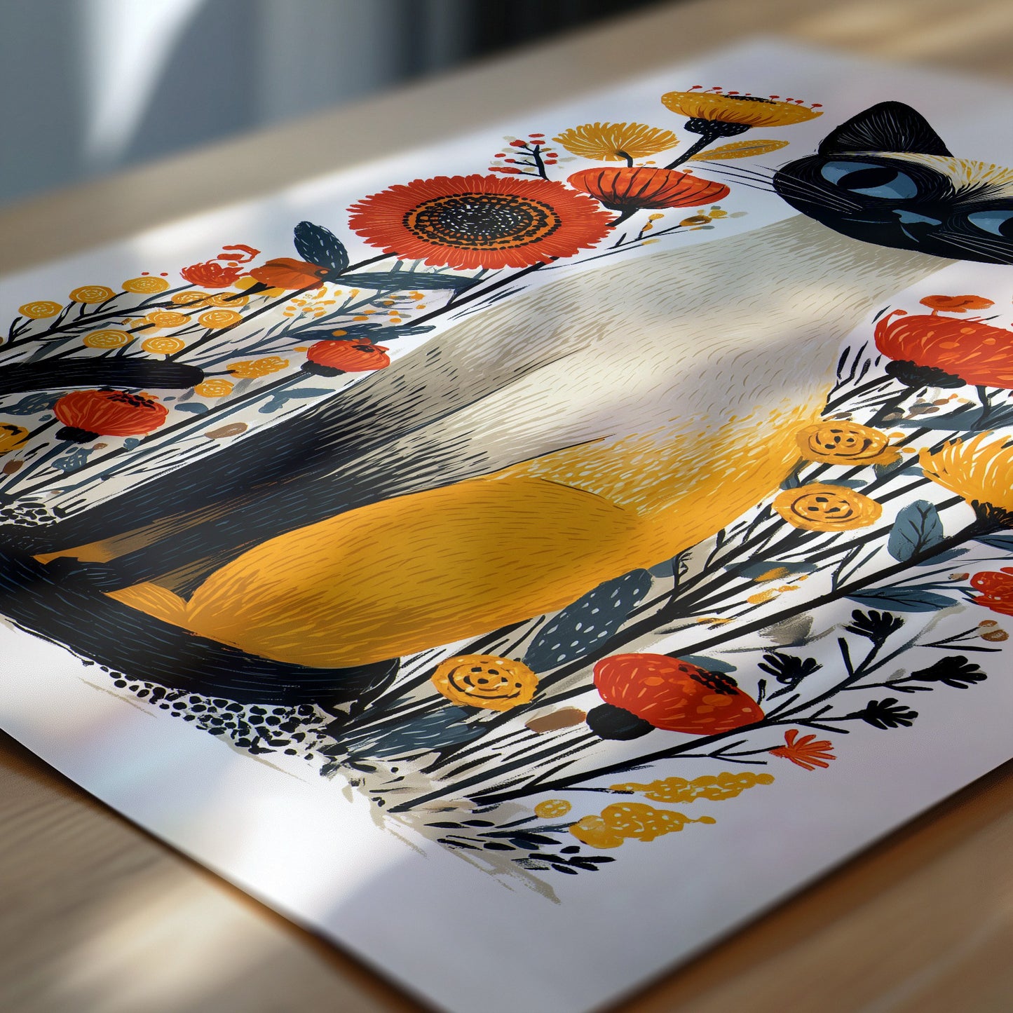 Siamese Cat Floral Art Print | Folk-Art Wall Decor