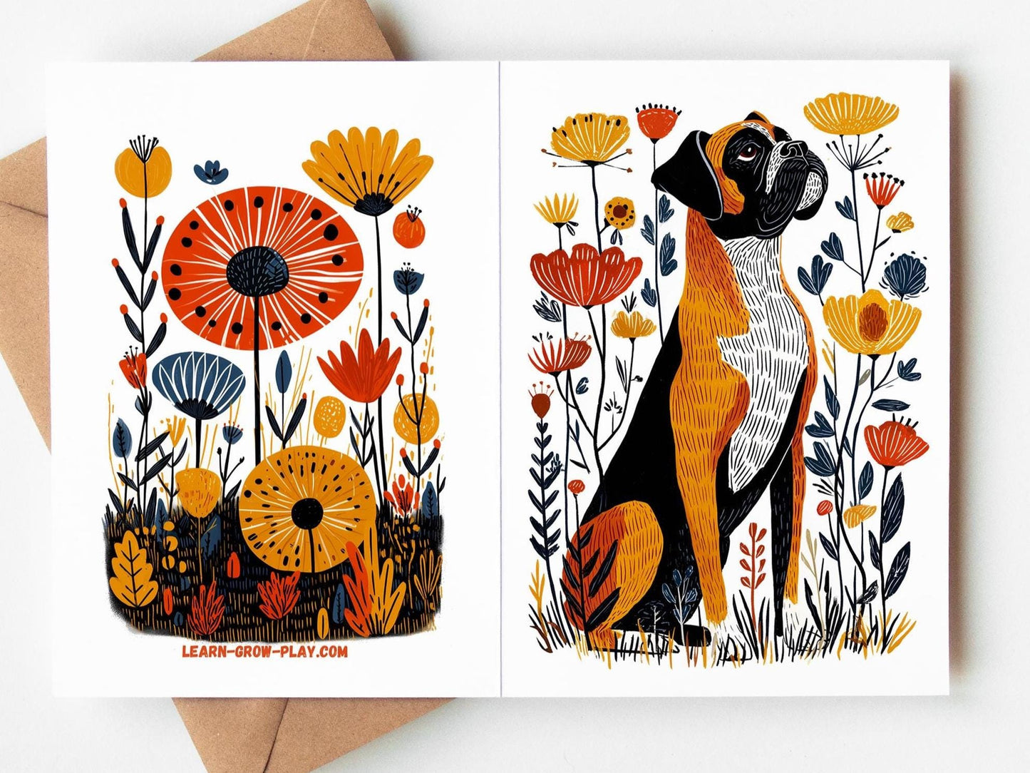 Set of Boxer dog greeting cards from the modern folk-art dog collection, designed for dog lovers and printed on eco-friendly paper.