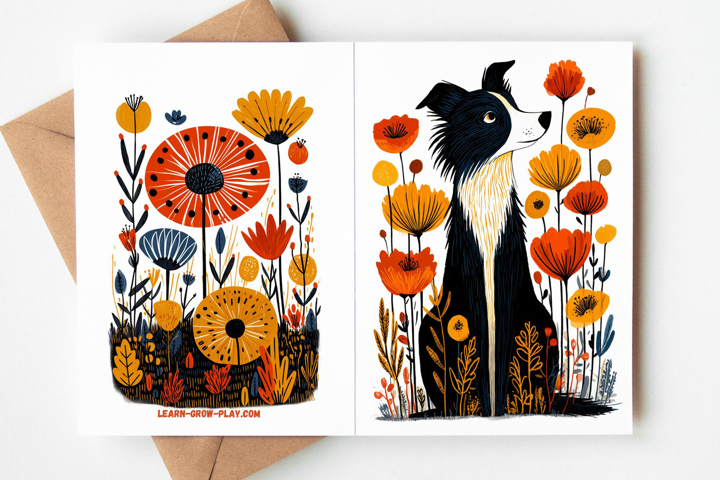 Set of Border Collie greeting cards featuring a loyal black and white sheepdog design, part of a modern folk-art dog stationery collection.