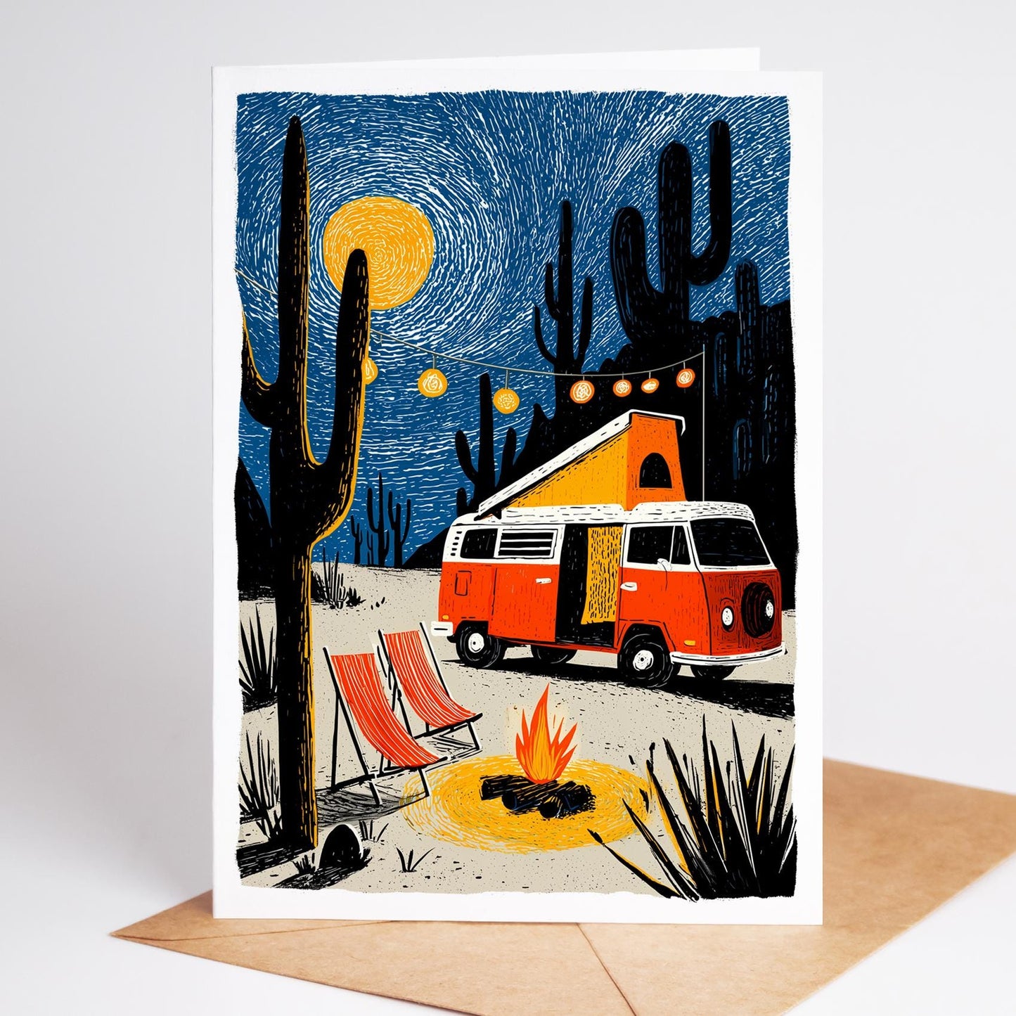 Illustration of a camper van in a desert scene with cacti and a campfire.