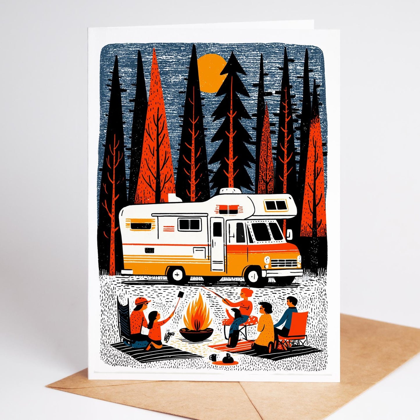 Illustration of a camper van and people around a campfire in a forest setting on a greeting card.