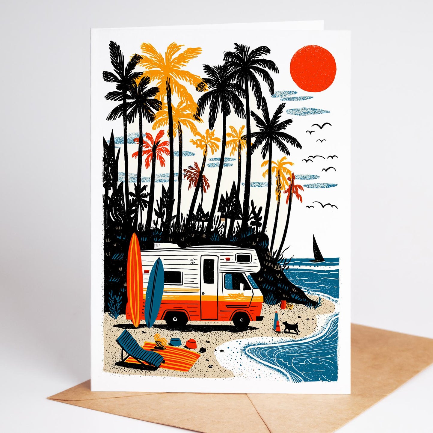 Illustration of a camper van on a beach with palm trees and a surfboard.