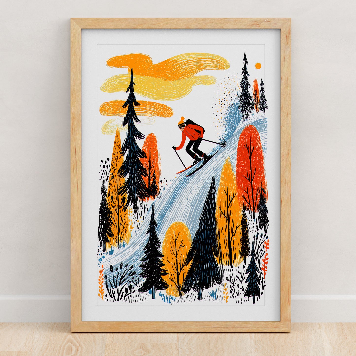 Skiing Art Print | Folk-Art Wall Decor