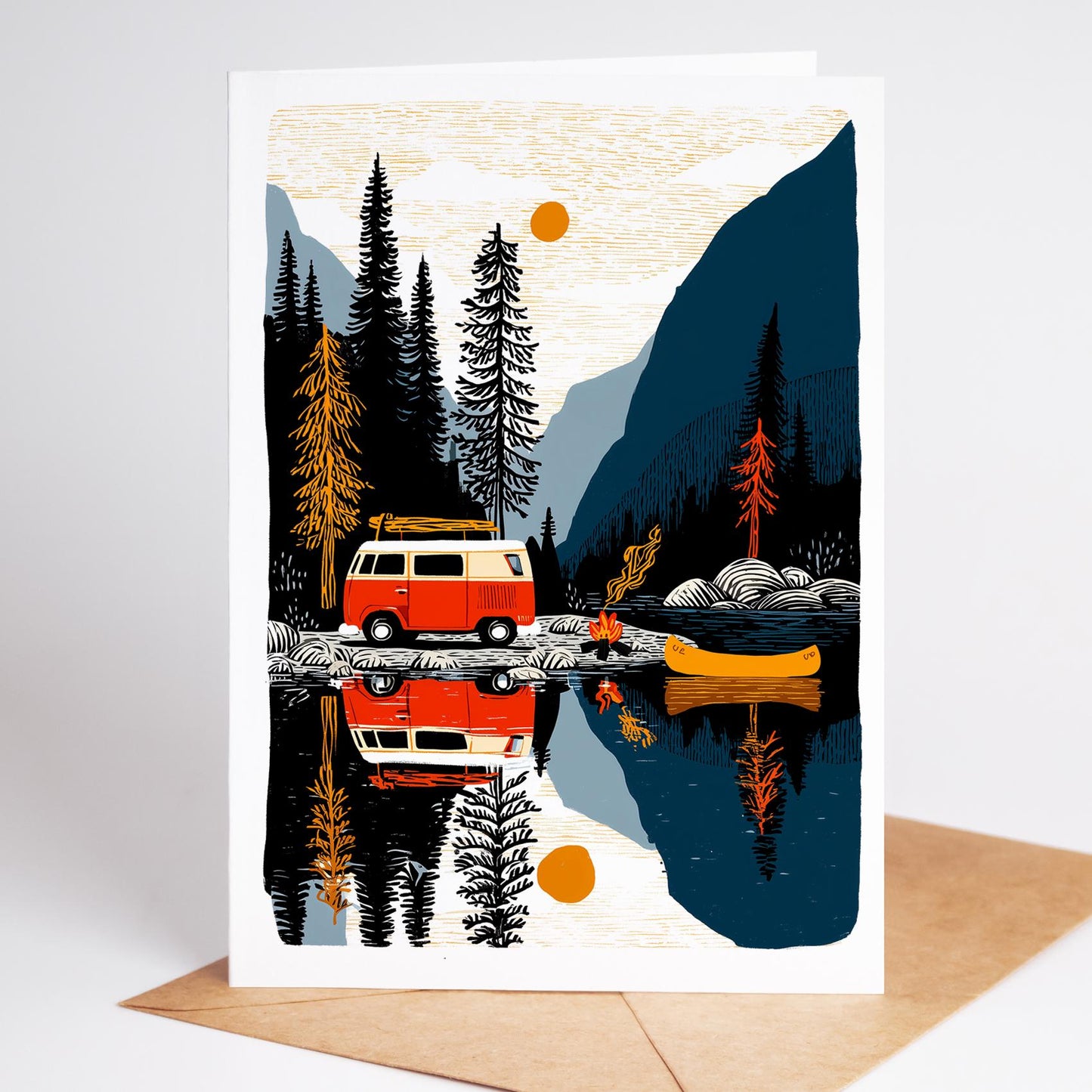 Greeting card with a red and white van and kayak on a lake surrounded by trees and mountains.