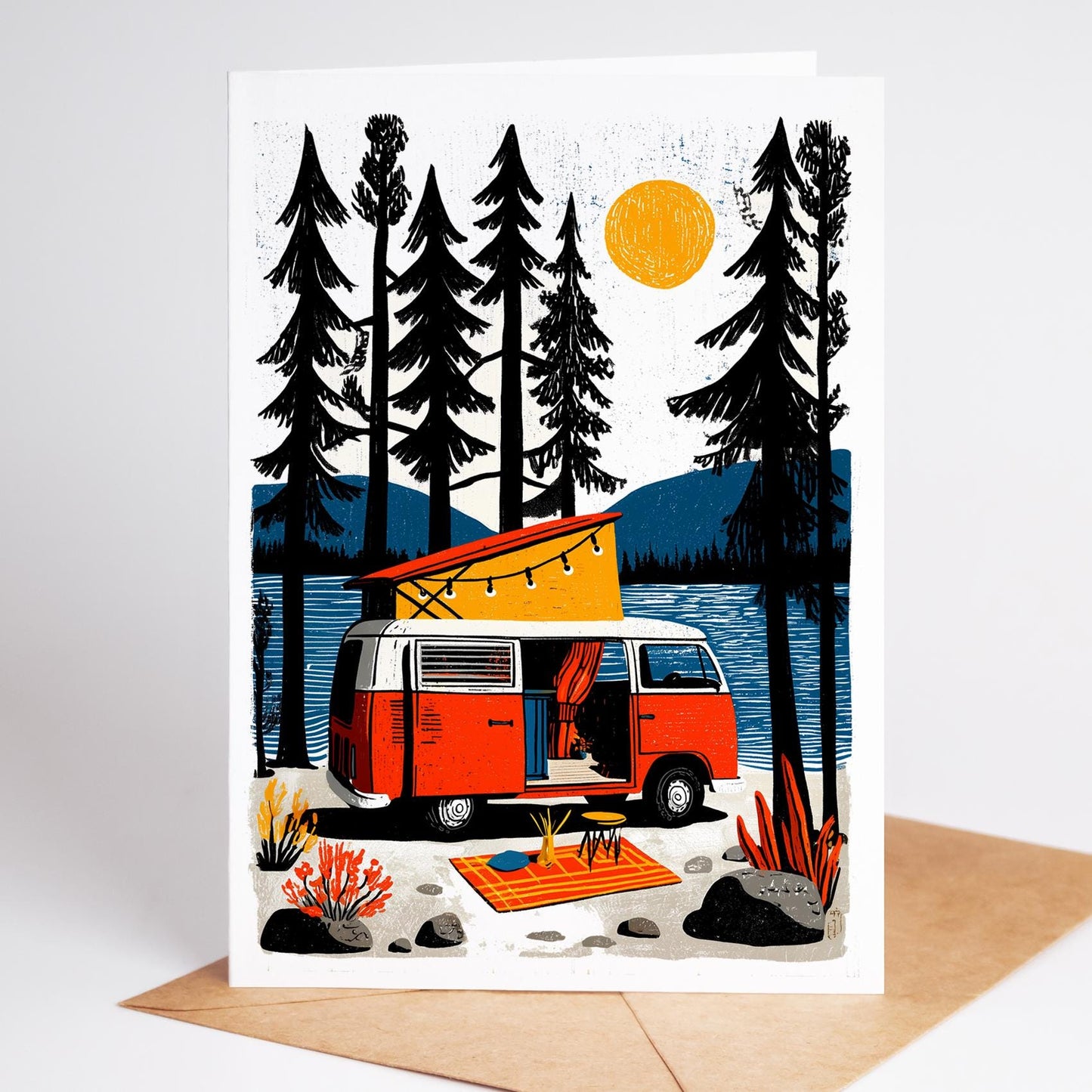 Card with a vintage camper van in a forest setting