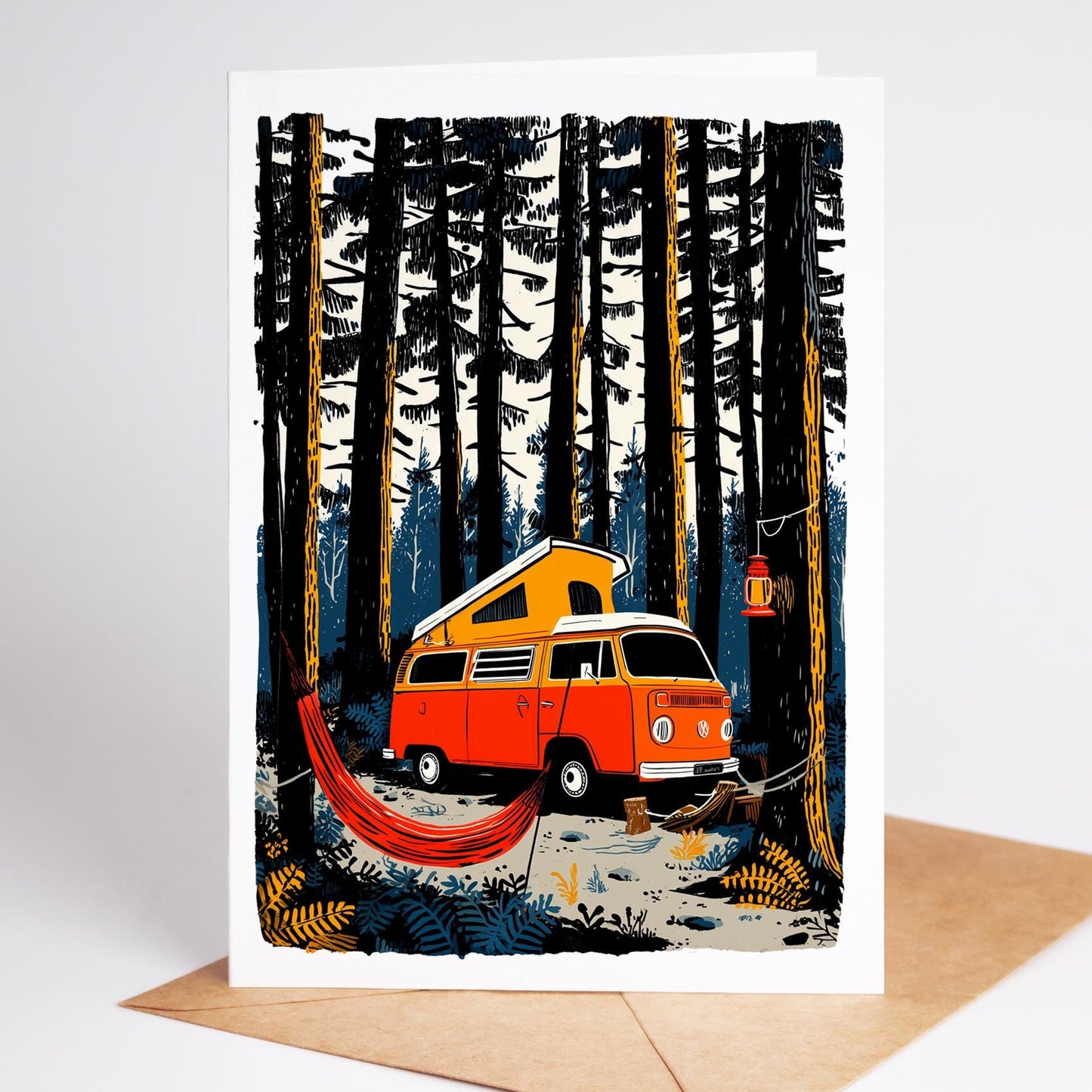 Illustration of a red van with a yellow roof in a forest setting on a greeting card.