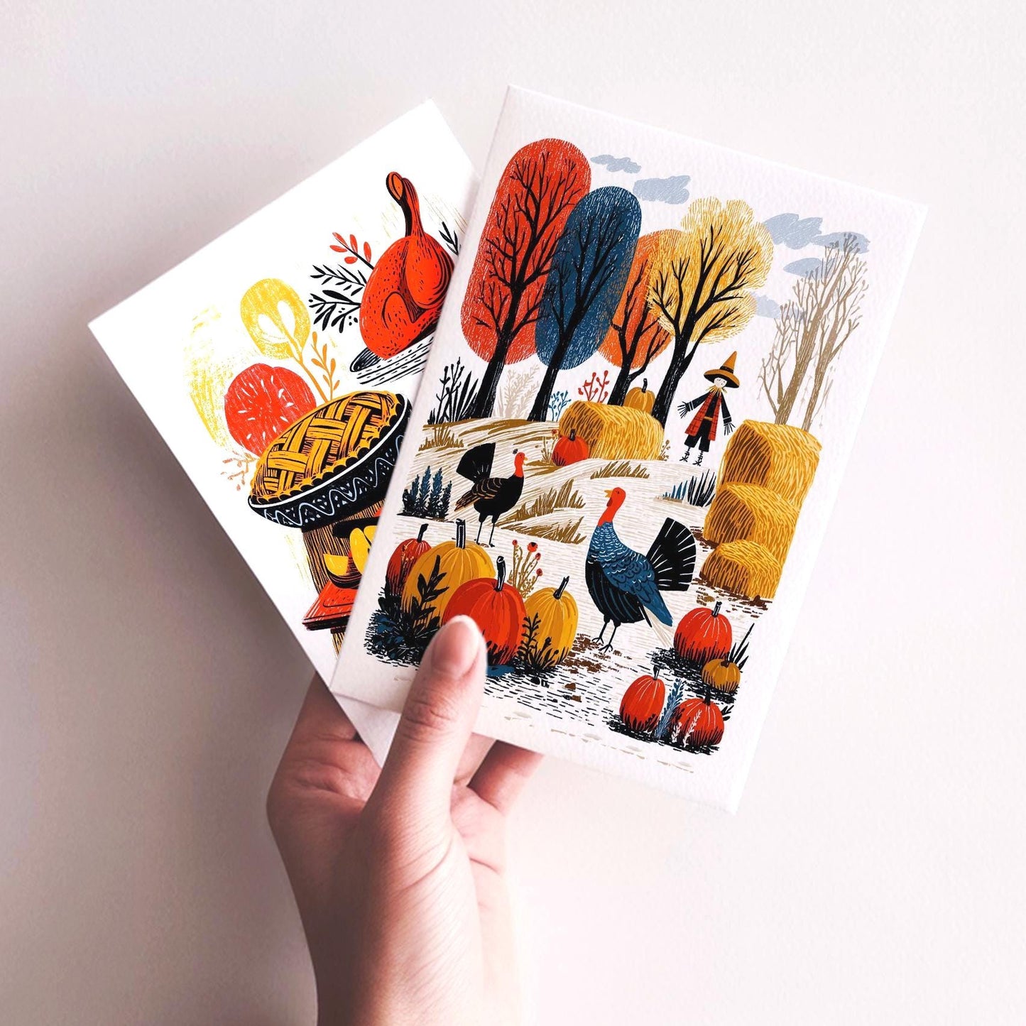 Thanksgiving Cards Set of 10 | 5 Unique Autumn Farm Designs | Blank Inside | Turkey Fall Greeting Cards with Envelopes | 4.25x5.5