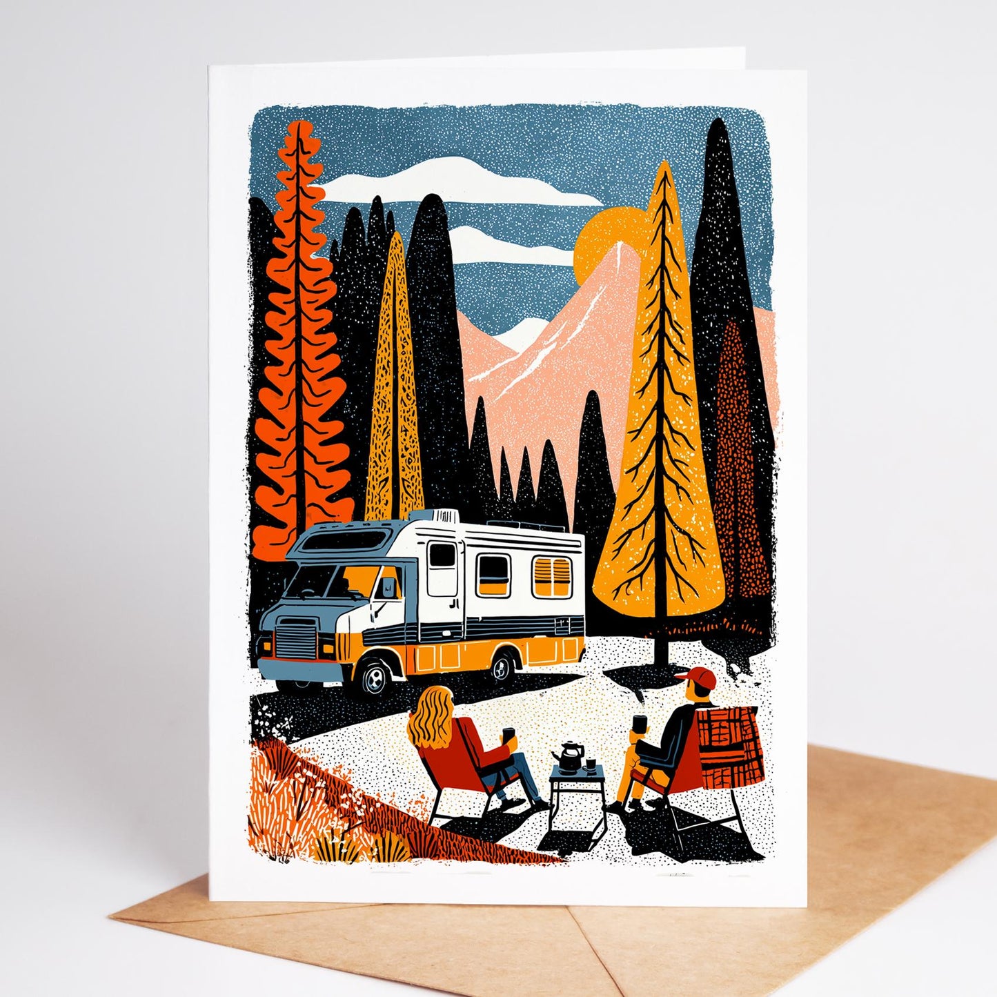 Illustration of a camper van and people sitting by a campfire in a forest setting.