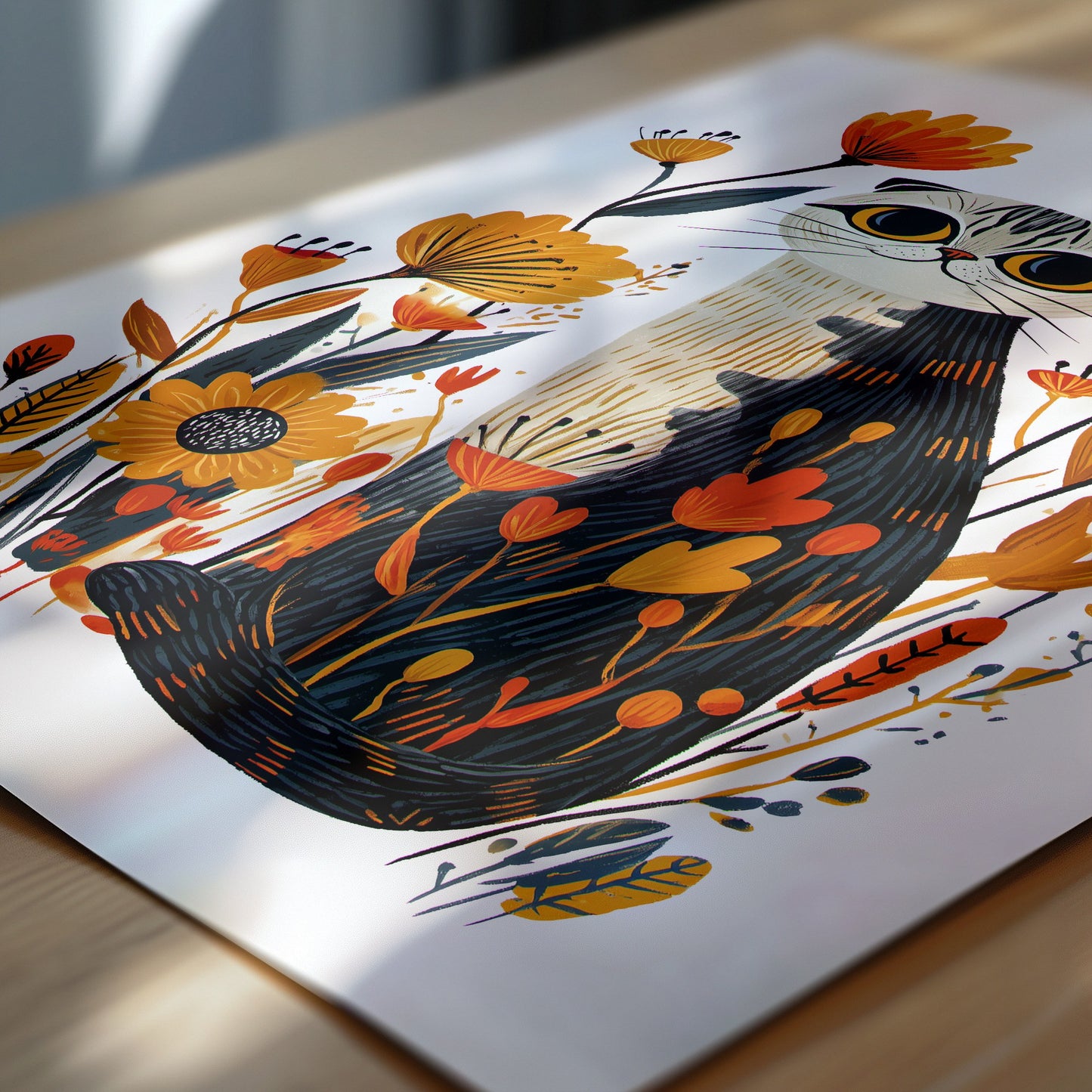 Scottish Fold Cat Floral Art Print | Folk-Art Wall Decor
