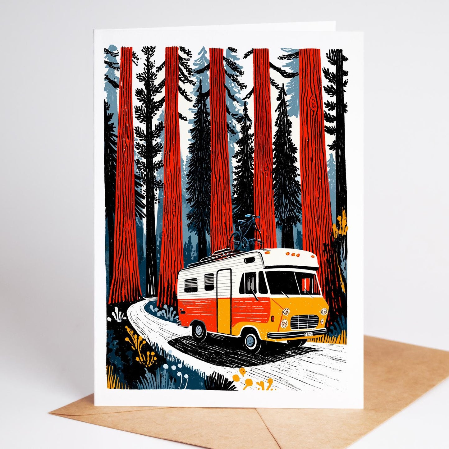 Illustration of a van in a forest with red trees on a greeting card.