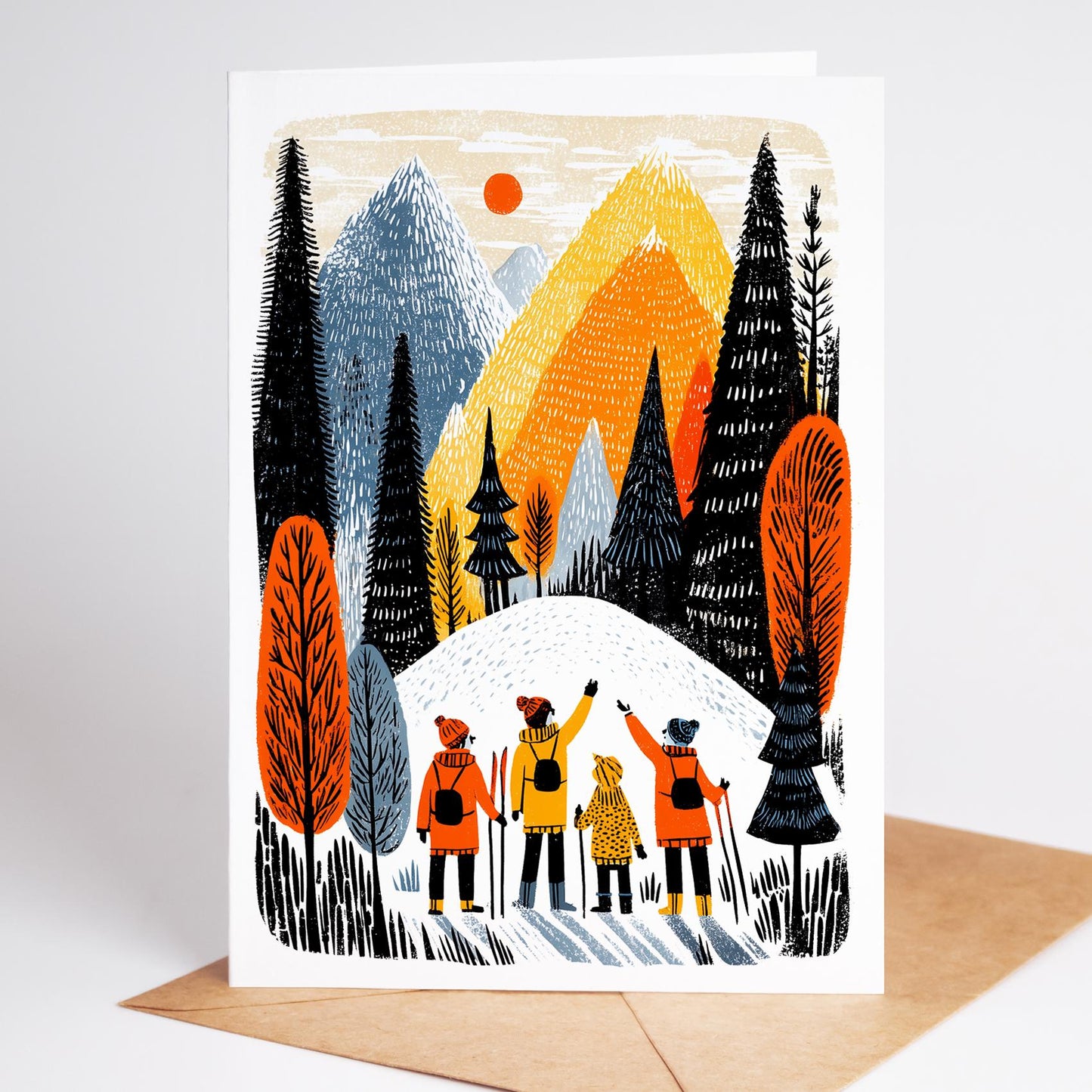 Greeting card with illustration of people in winter clothing in a snowy landscape with mountains and trees.