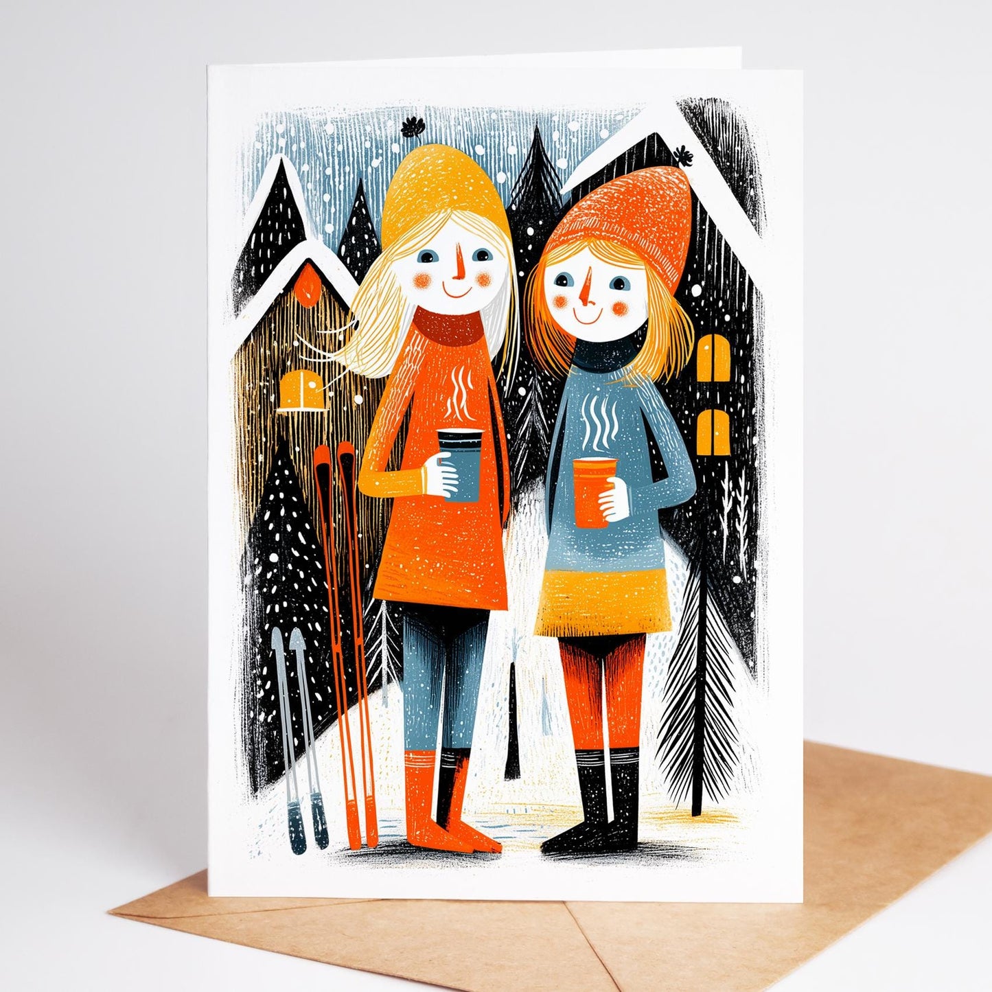 Illustration of two people in winter clothing with skis and hot drinks, on a snowy background.