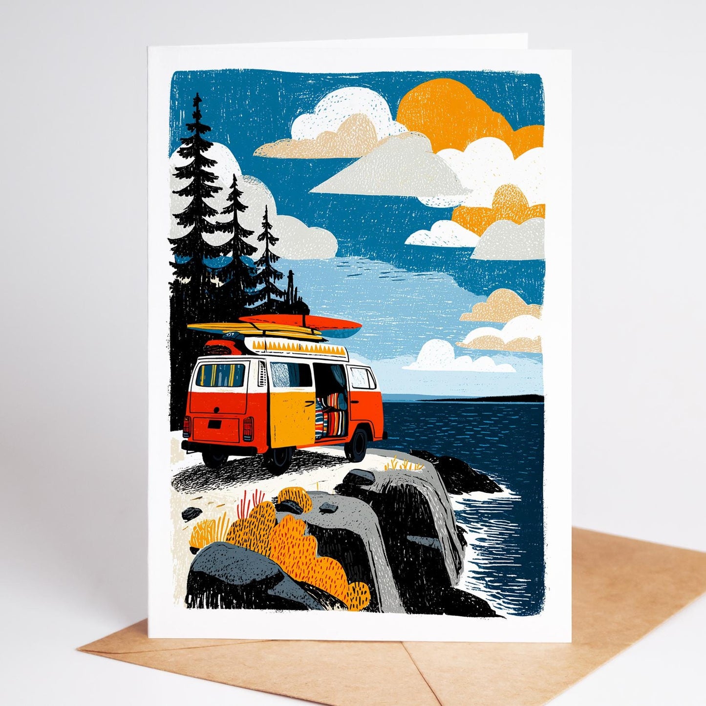 Illustrated card with a van, surfboard, and ocean scene on a white background