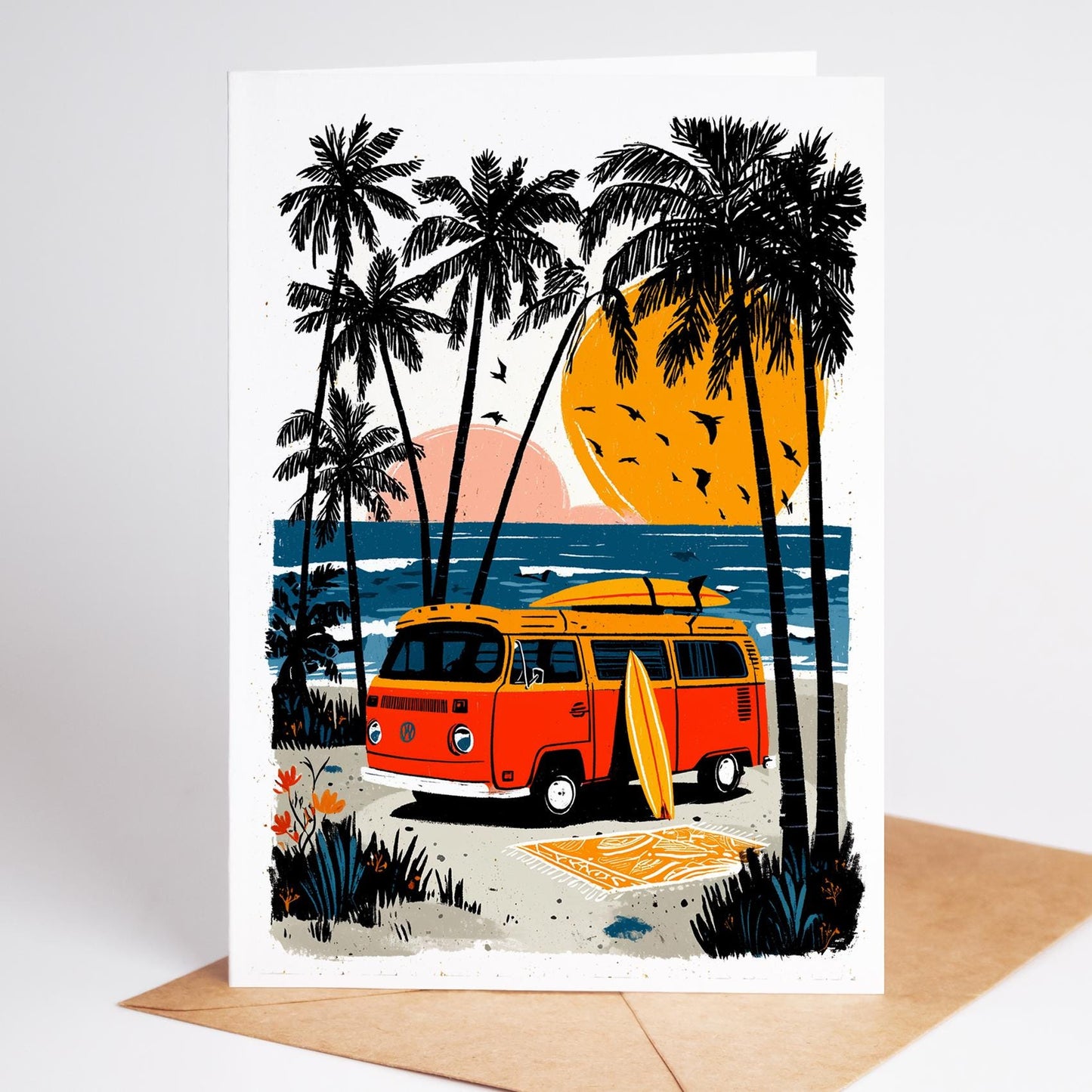 Illustration of a van with surfboards on a beach with palm trees and a sunset.