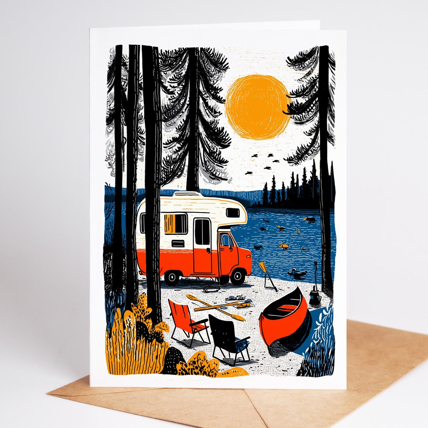 Illustration of a camper van by a lake with trees and a sunset.