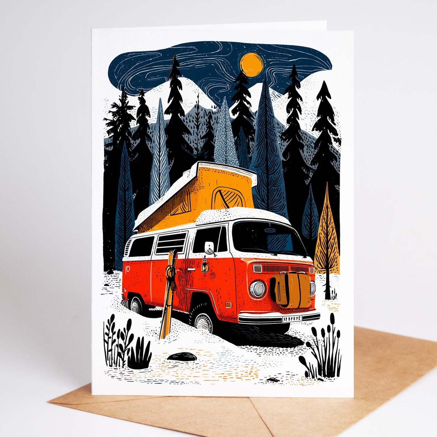 Illustration of a red camper van with an open roof in a forest setting on a greeting card.
