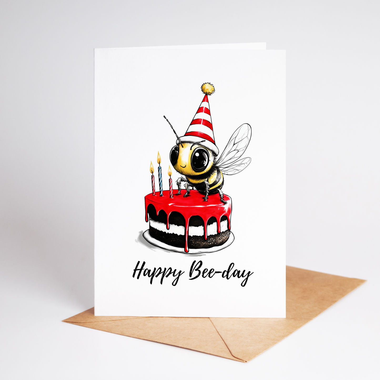 Bee-themed personalized birthday card with a Happy Bee-Day message or custom name, printed on premium handmade cardstock, blank inside.