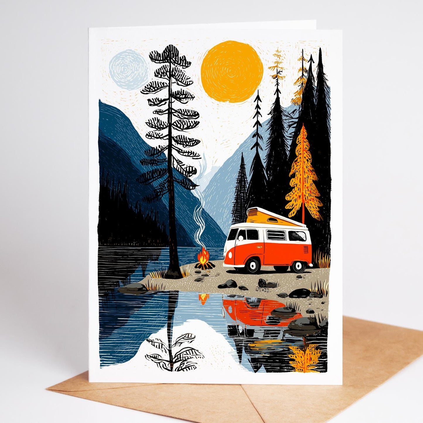 Illustration of a camper van by a lake with trees and mountains in the background