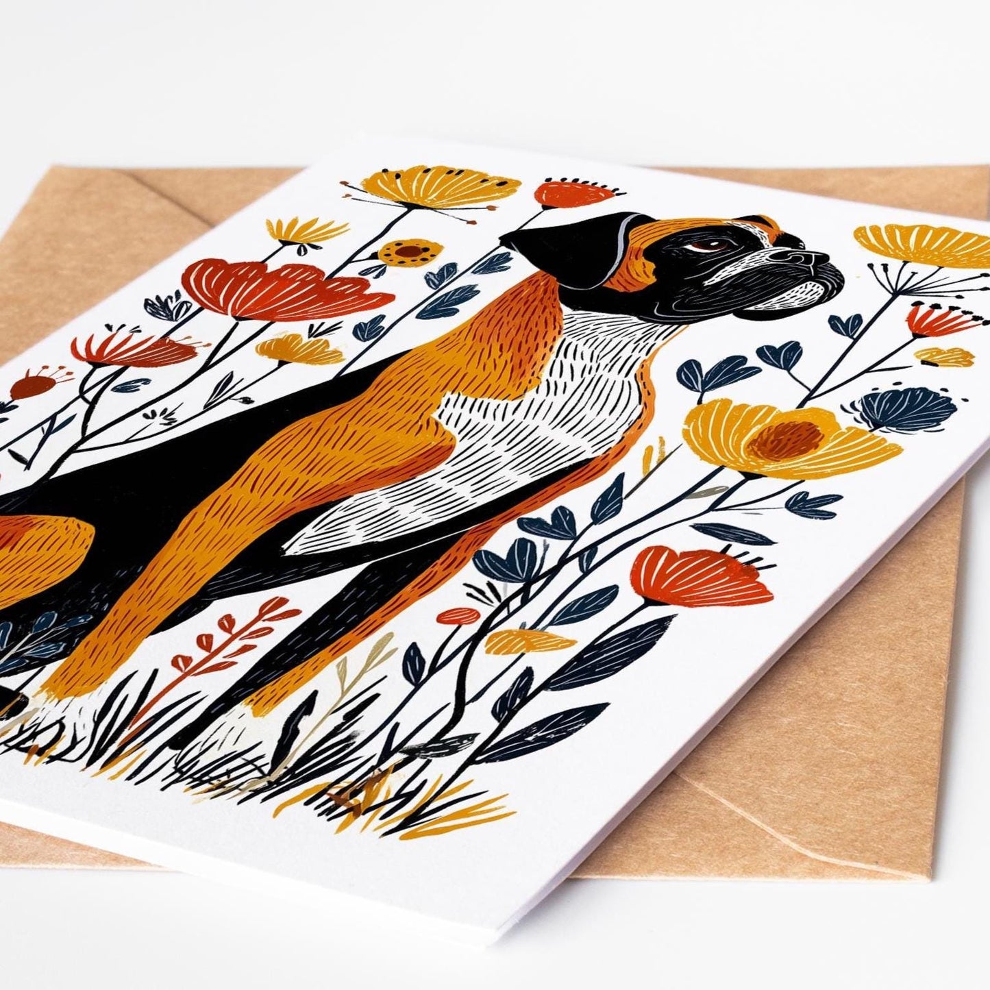 Folk-art Boxer card printed on premium cardstock with warm autumn tones, ideal for birthdays, thank-you notes, or gifts for dog enthusiasts.
