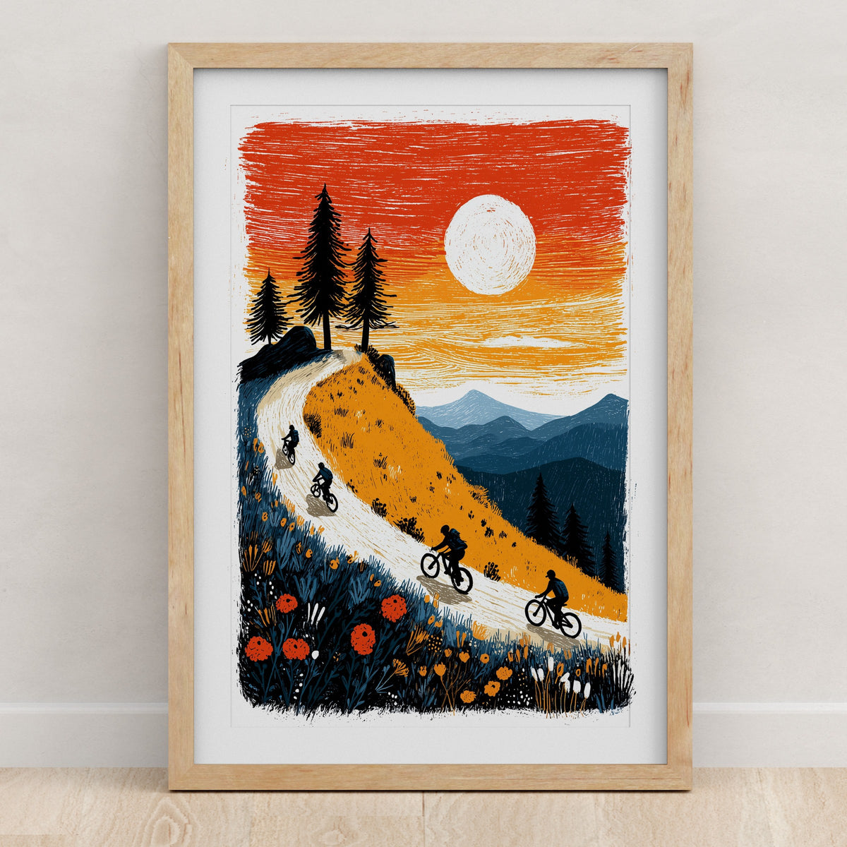 Folk art mountain biking wall art print