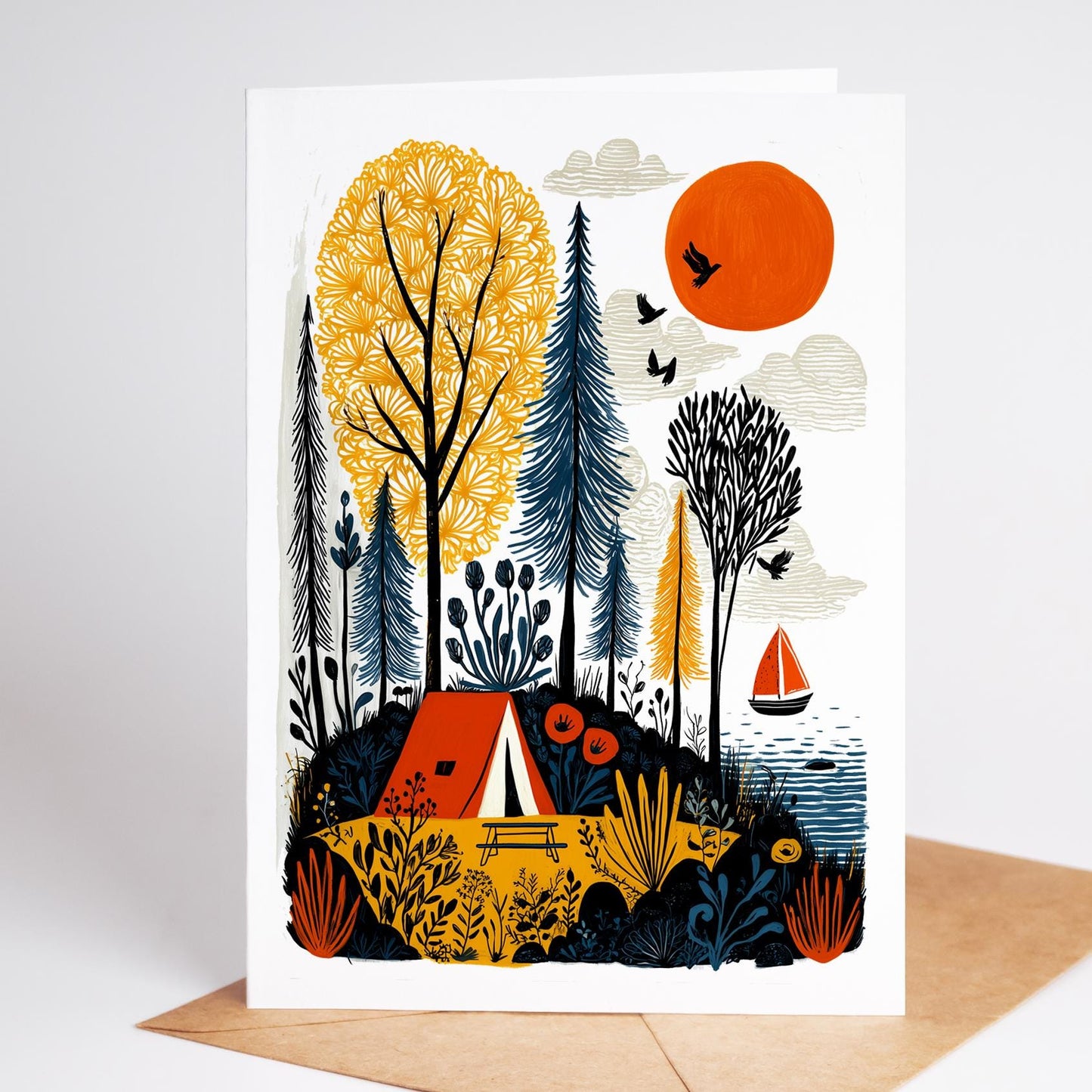 Camping Greeting Card Set – 10 Unique Blank Nature Cards 4.25x5.5 – Outdoor Adventure Tent Bonfire Forest Cards – Hiking Gift Note Cards