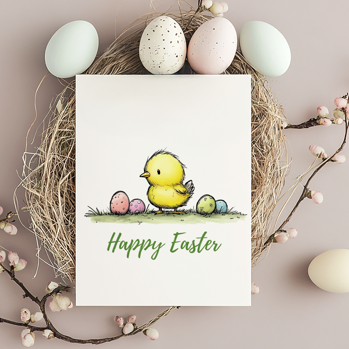 Hand-drawn Easter Chick Card – Cute Watercolor Greeting with Pastel Eggs