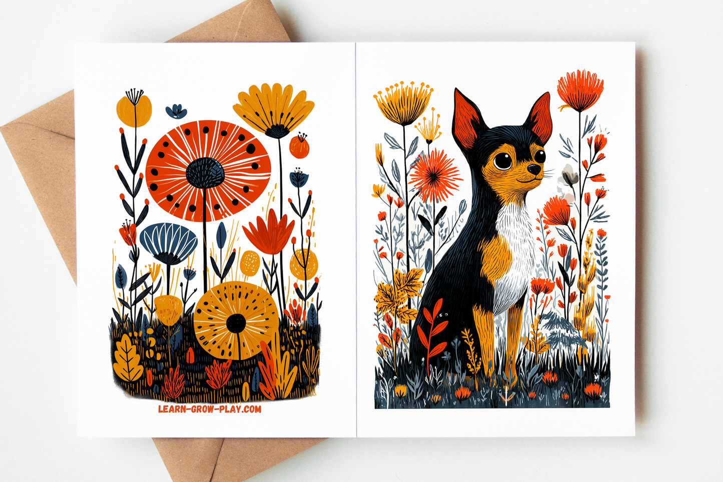 Blank inside Chihuahua card for birthdays or thank-you notes, featuring colorful folk-art floral artwork.