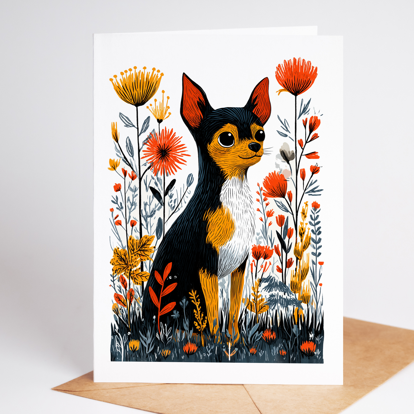 Front of Chihuahua greeting card with floral folk-art design, perfect 4.25x5.5 stationery for dog lovers.