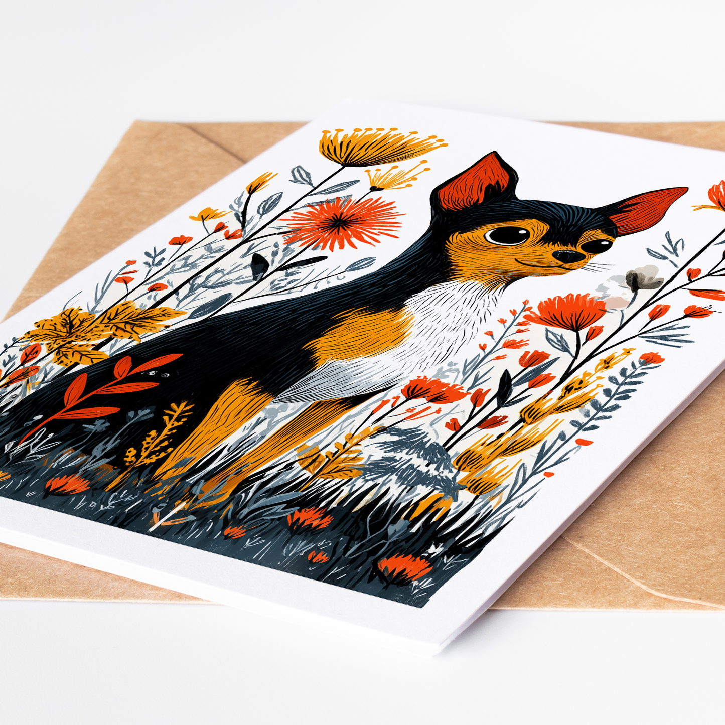Chihuahua note card with whimsical folk-art illustration, ideal for dog lovers and special occasions.