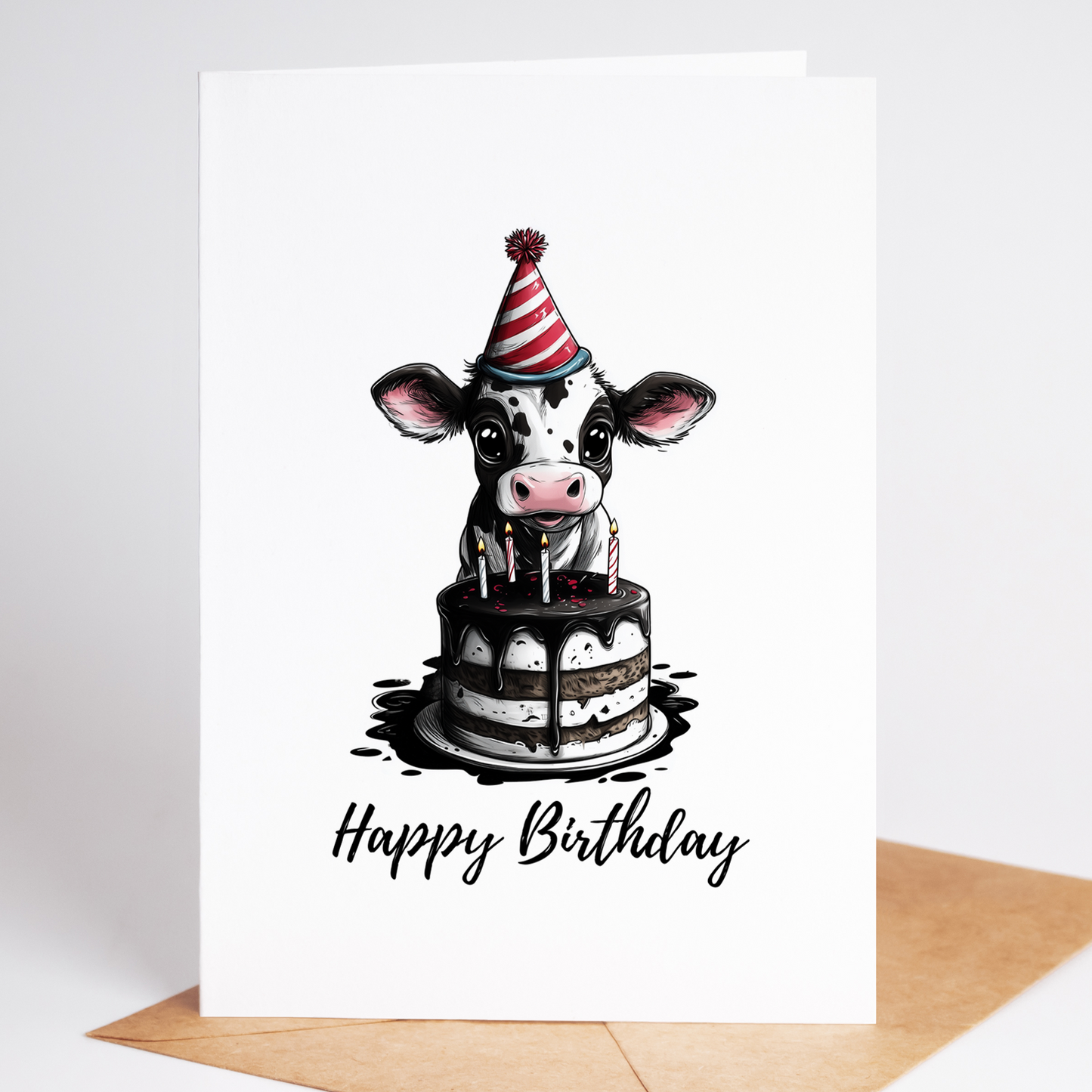 Custom cow birthday card with personalized name option, featuring a cute farm animal design for kids and adults