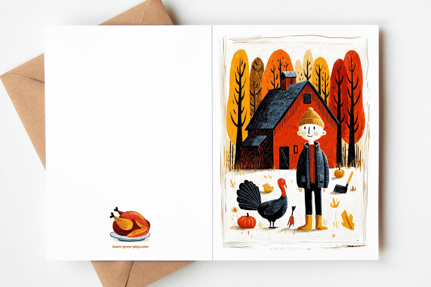 Thanksgiving Cards Set of 10 | 5 Unique Autumn Farm Designs | Blank Inside | Turkey Fall Greeting Cards with Envelopes | 4.25x5.5