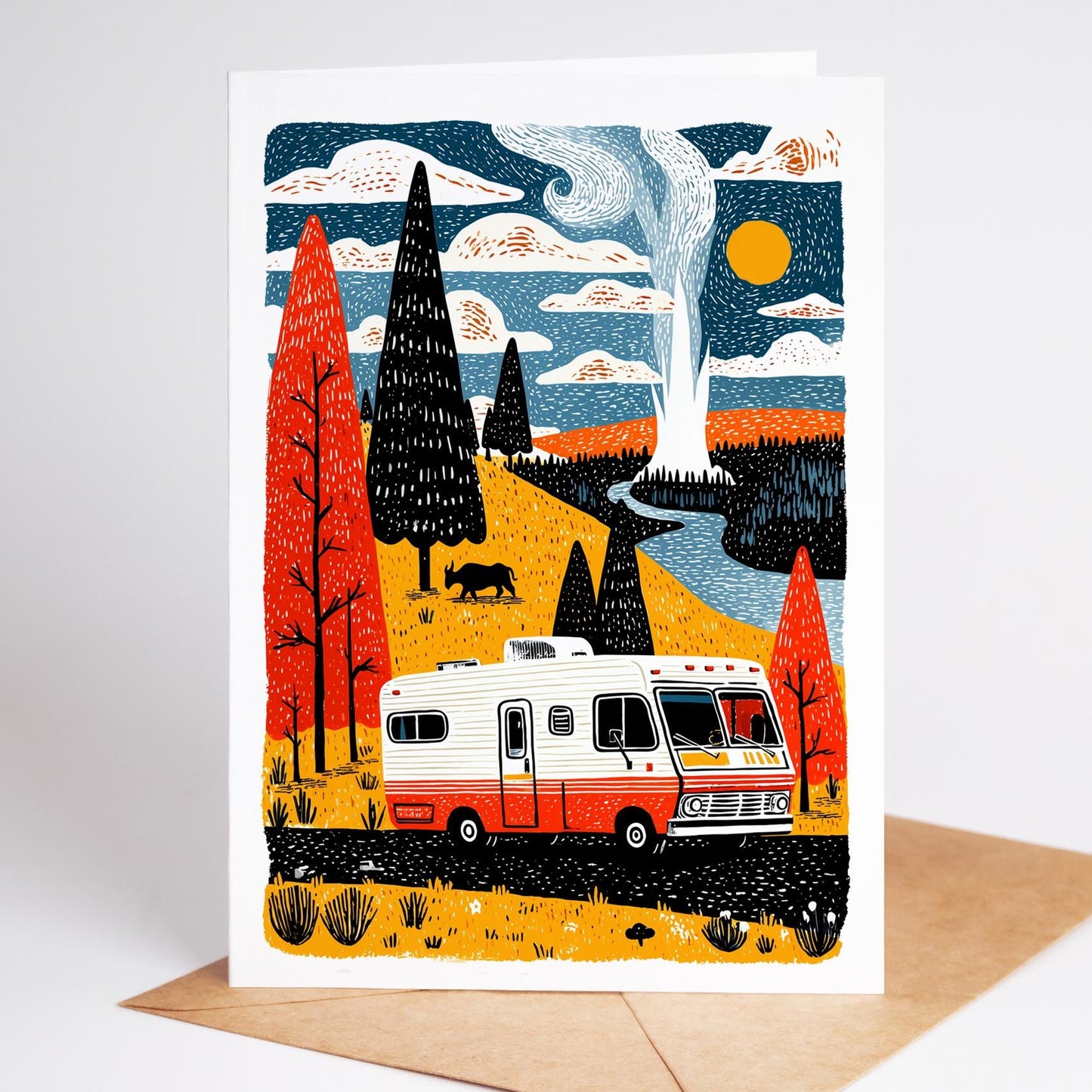 Illustration of a camper van in a scenic landscape with trees and mountains on a greeting card.