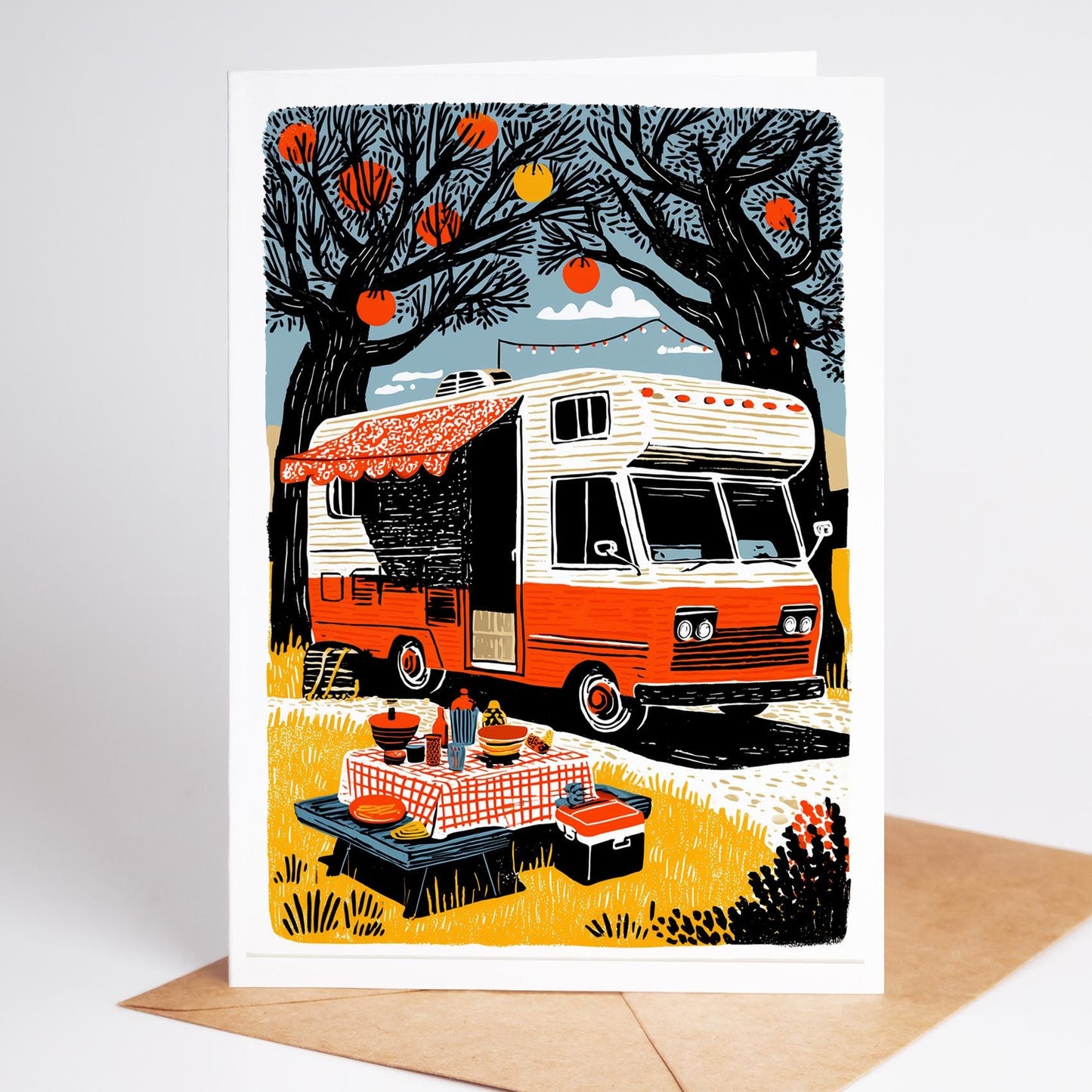 Illustration of a vintage camper van with a picnic setup under trees on a greeting card.