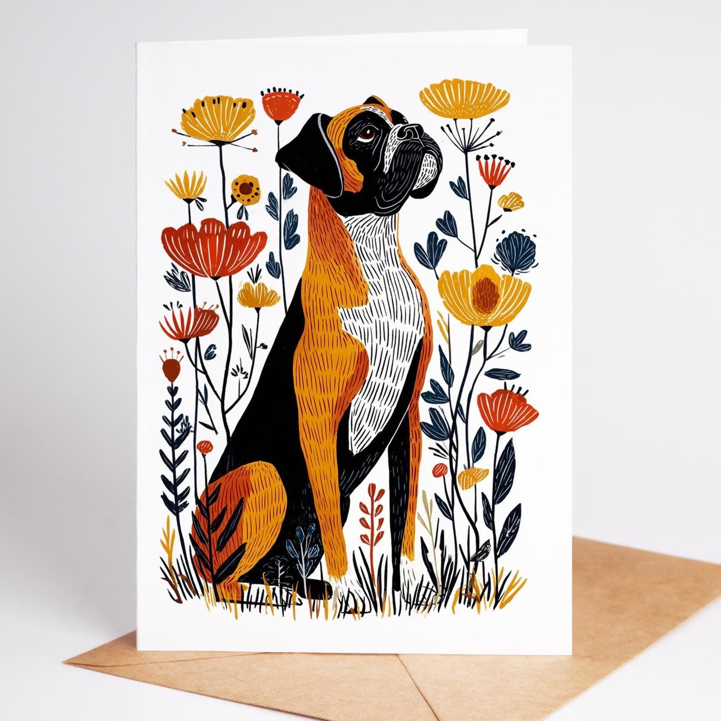 Boxer dog greeting card featuring a playful brown and white boxer illustrated in modern folk-art style, perfect gift for dog lovers and pet owners.