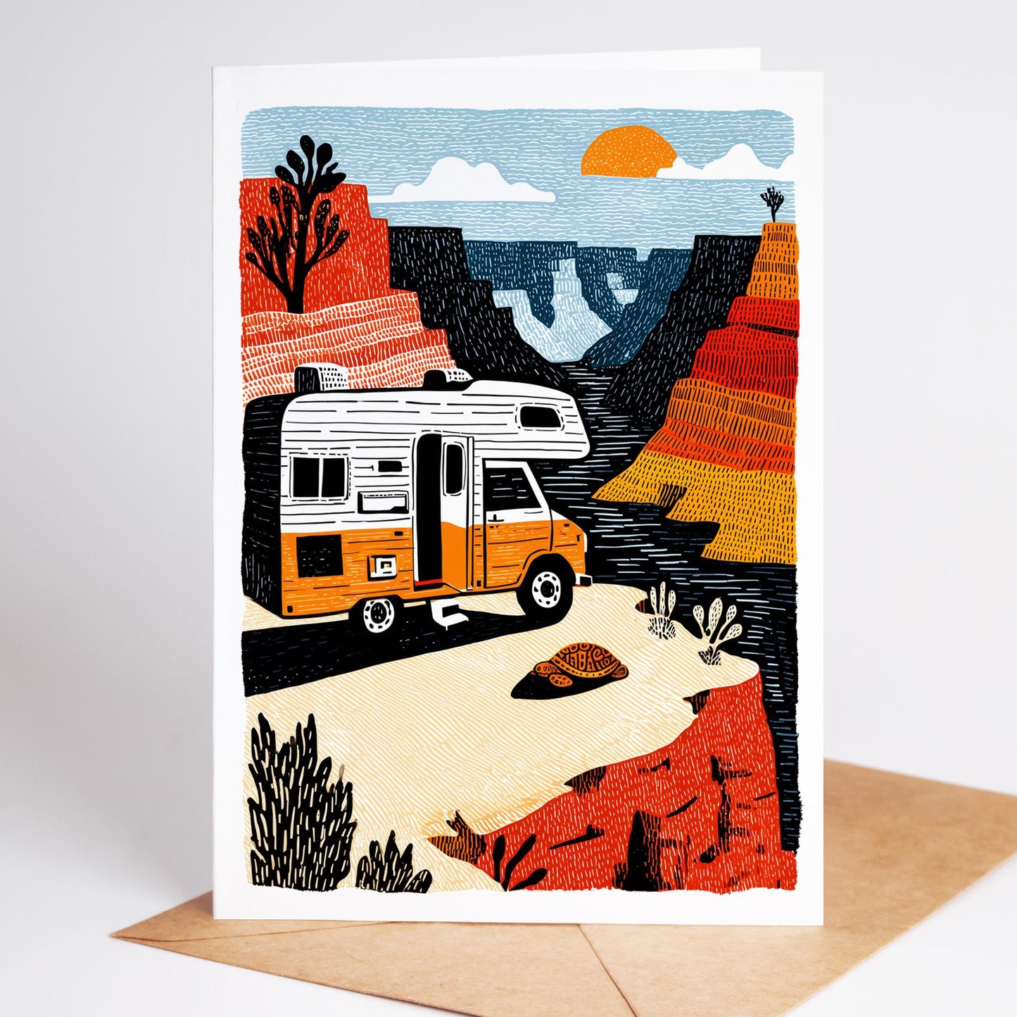 Illustrated card with a camper van at the grand canyon. Set of 10 unique RV cards.