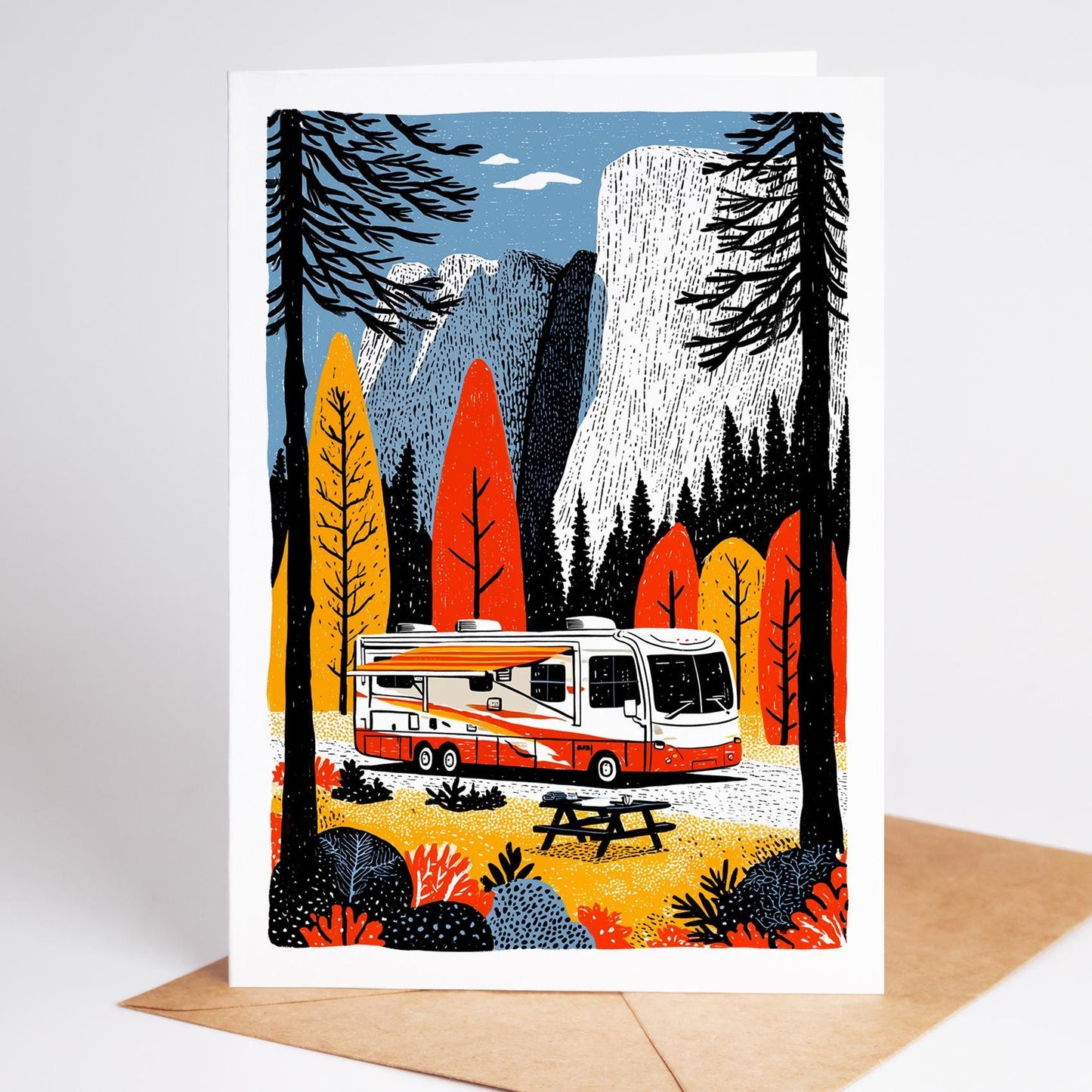 Illustration of a camper van in a forest with mountains in the background