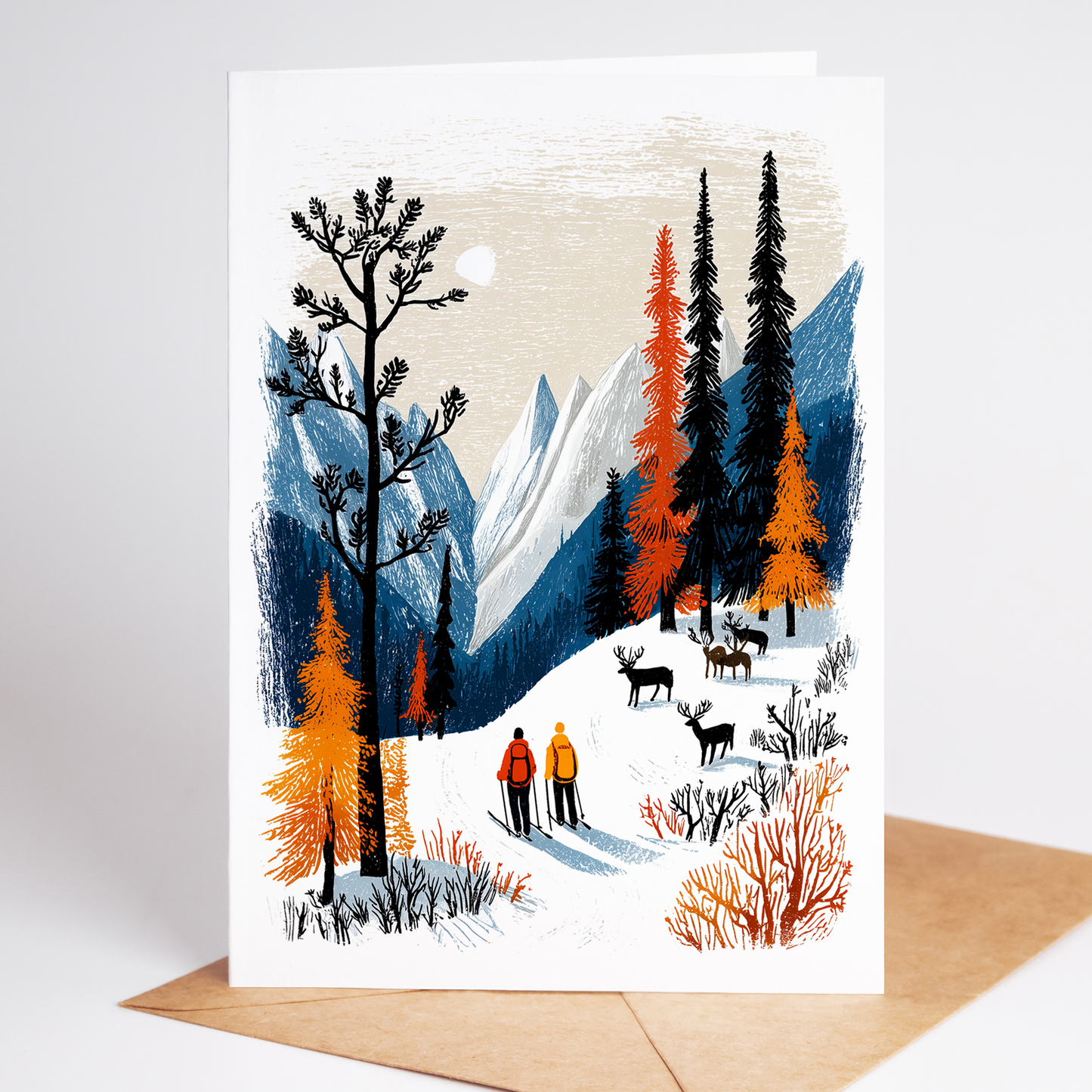 Winter sports greeting card featuring skier in motion on snowy alpine slopes, textured brush-stroke style artwork with a clean white border.