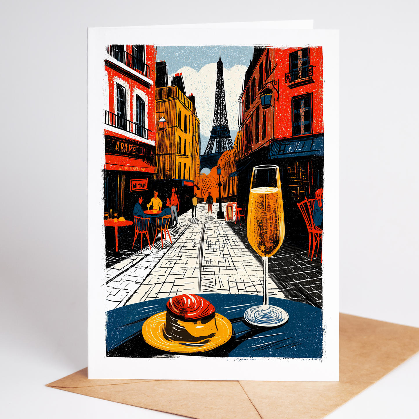 Greeting card with a Parisian street scene, Eiffel Tower, and a glass of champagne on a table.
