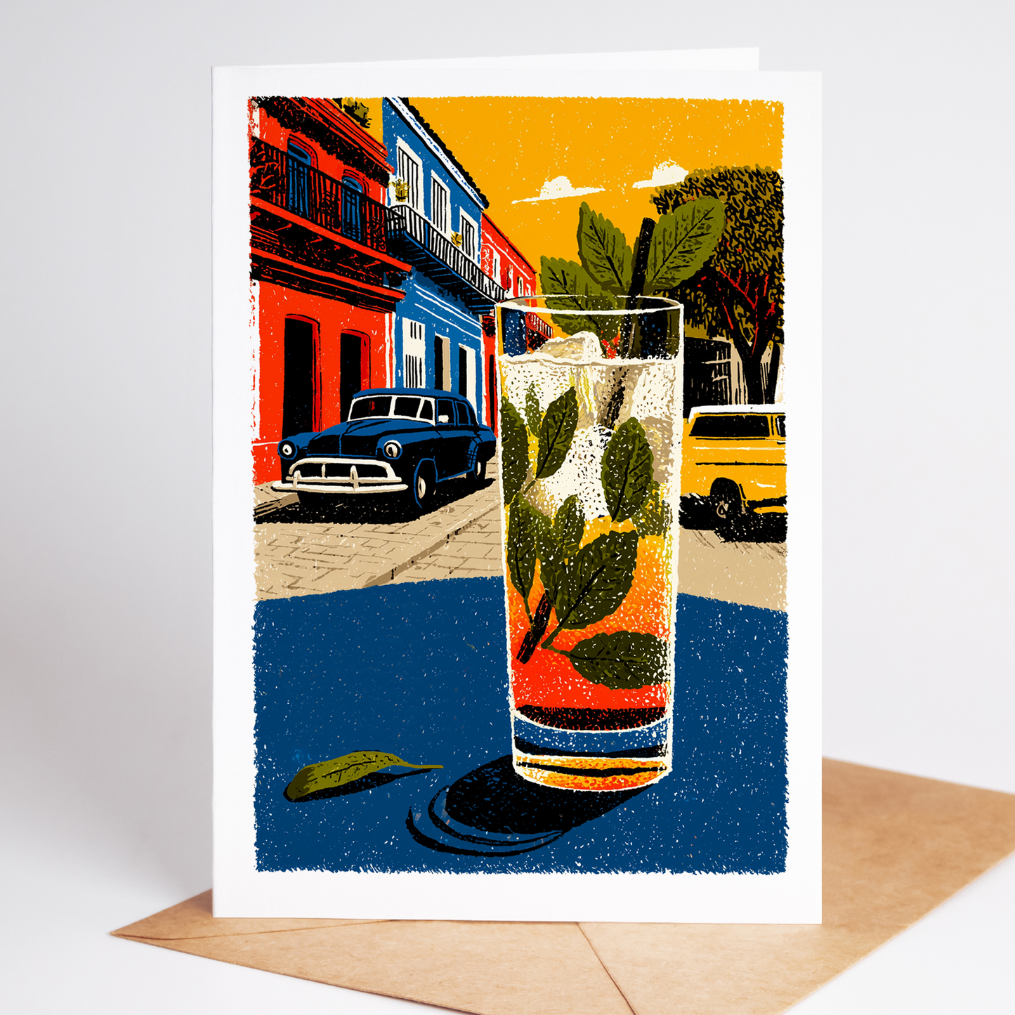 Greeting card with a colorful illustration of a street scene in Cuba with a Mojito.