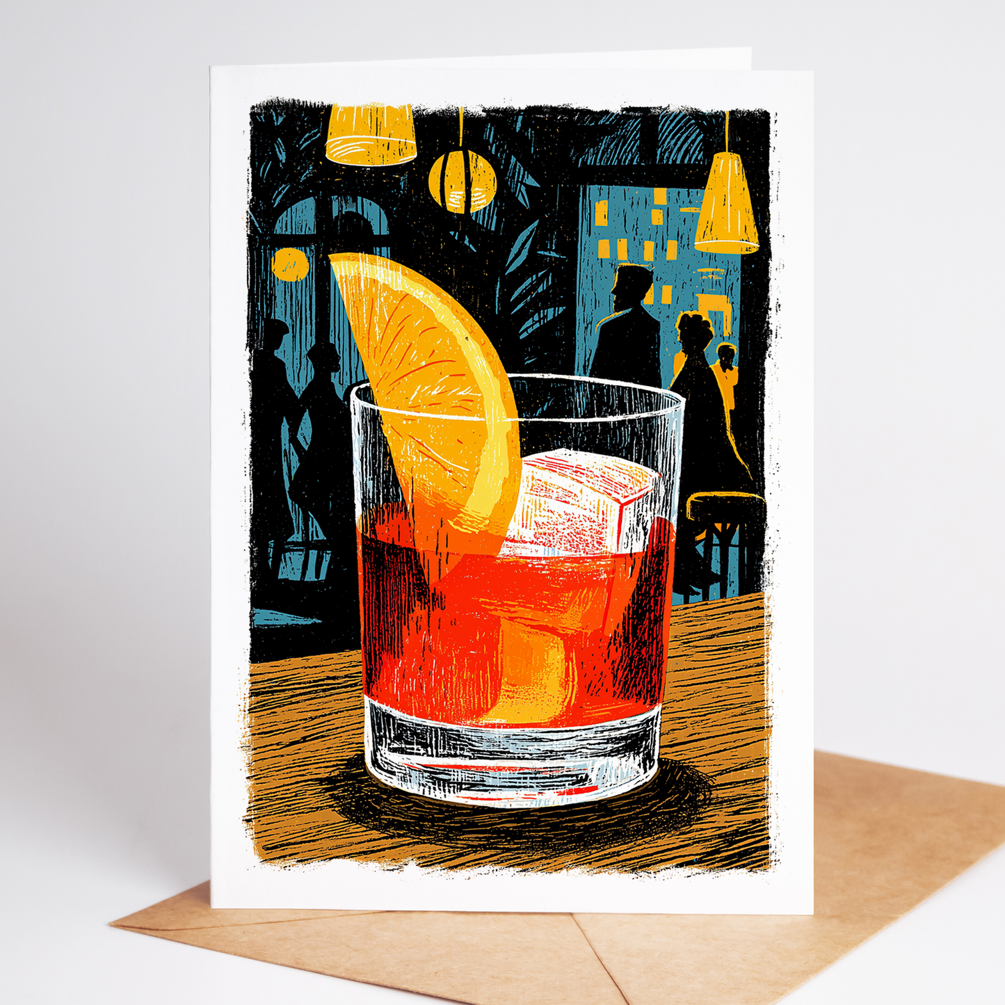 Illustration of an Old Fashion cocktail with an orange slice on a card with a cityscape background.