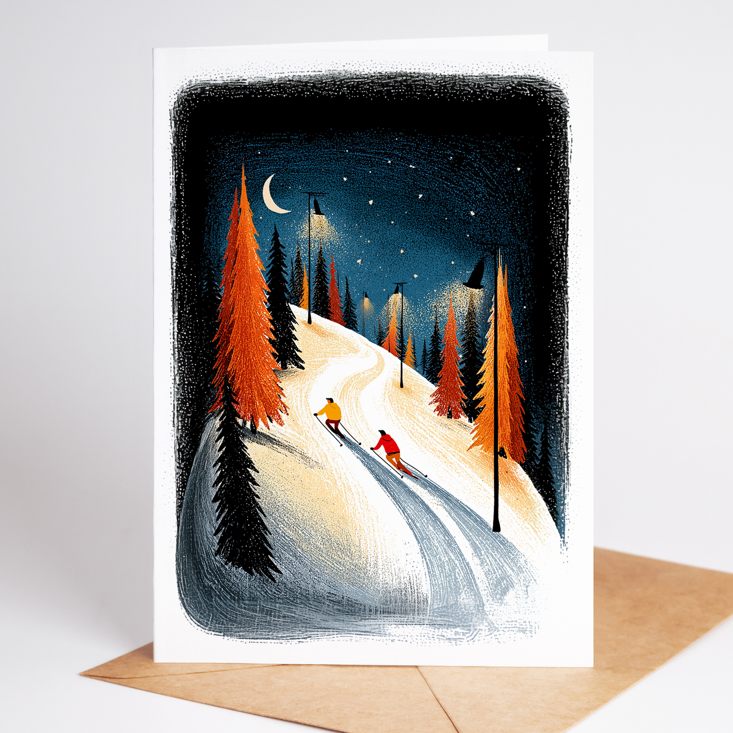 Skiing greeting card with brush-stroke illustration of a skier carving turns through fresh powder on a bright winter day, framed by a bold white border.