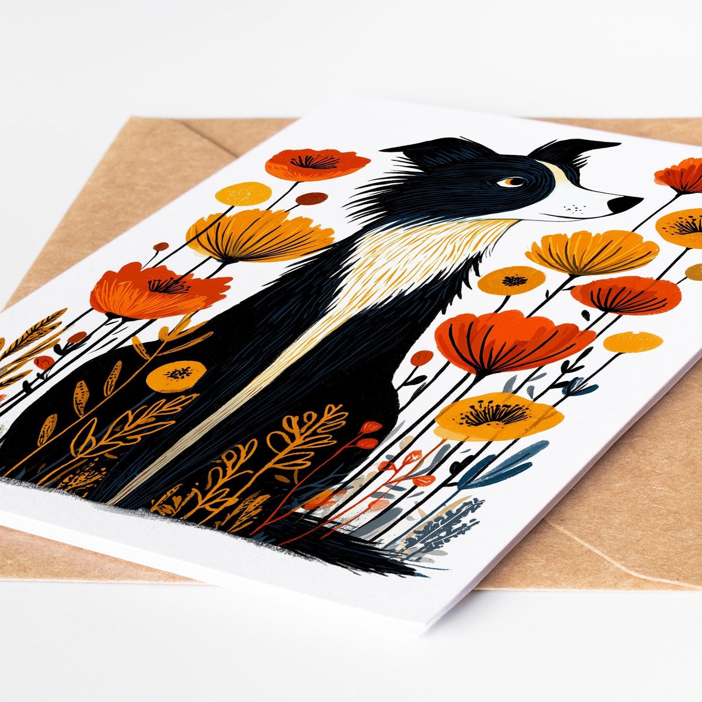Folk-art Border Collie card printed on premium cardstock with natural tones, ideal for birthdays, thank-you notes, or gifts for dog enthusiasts.