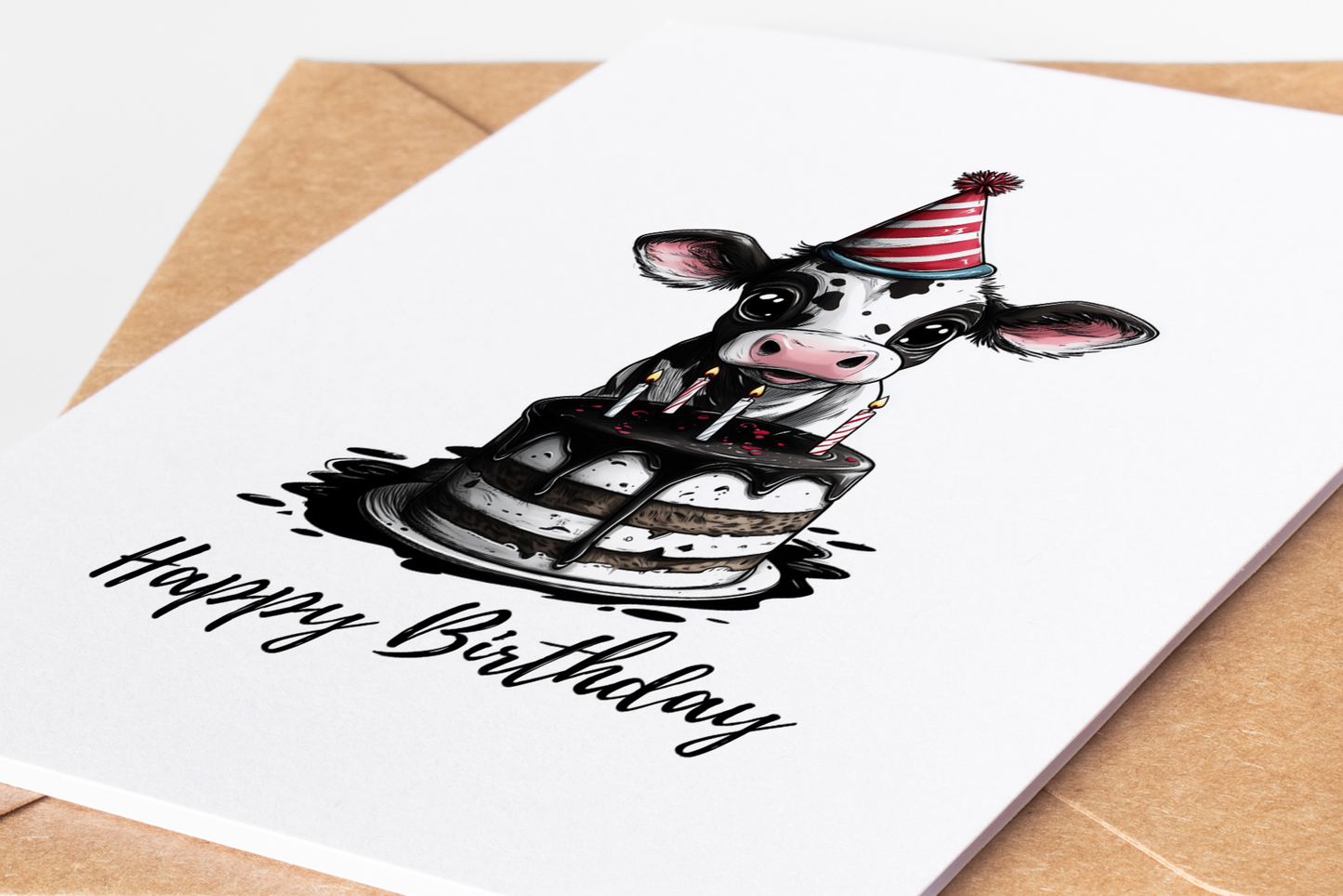 High-quality farm animal birthday card with a cow illustration, available in multiple sizes with an envelope included.