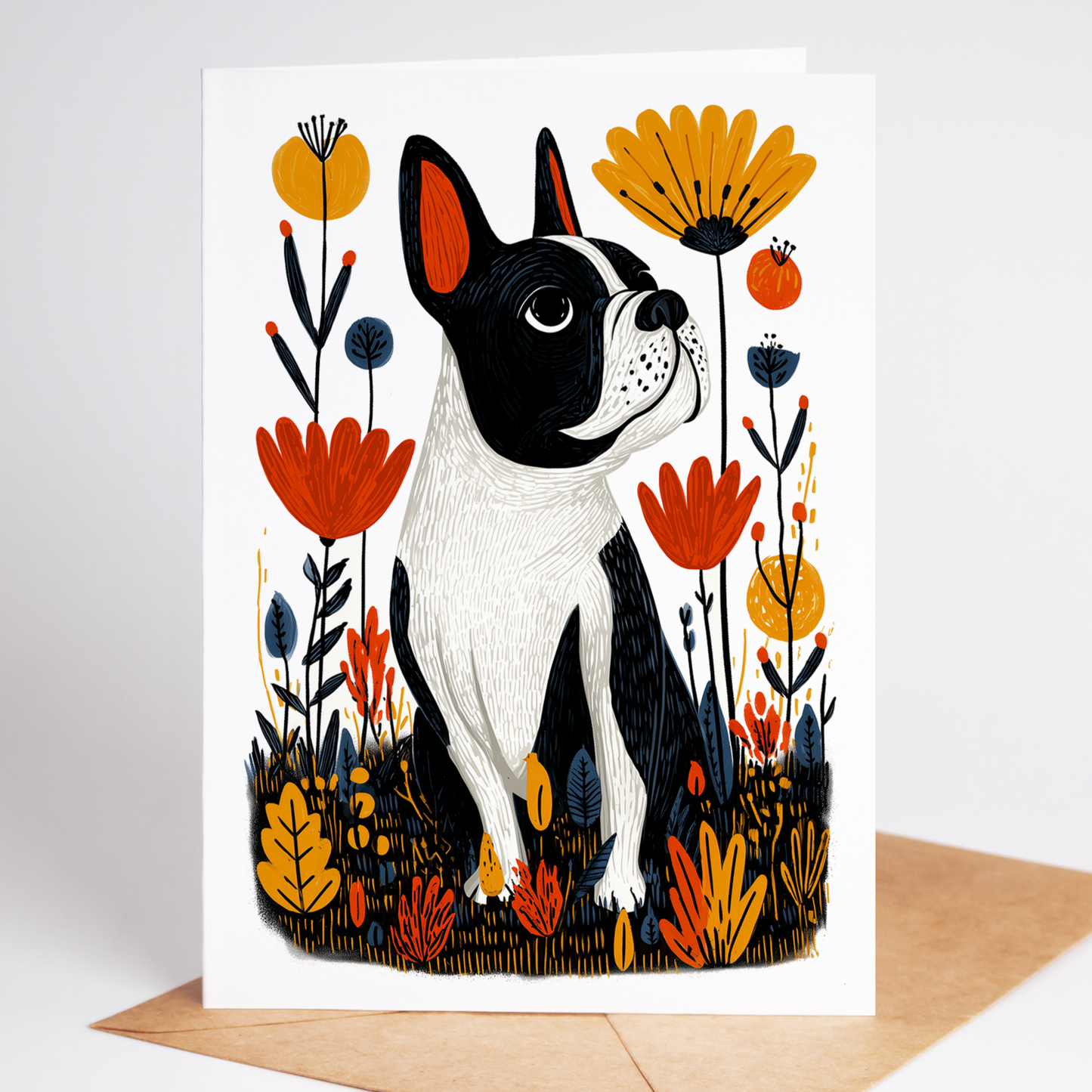 French bulldog greeting card with black-and-white Frenchie seated in vivid orange, yellow, and navy wildflowers; blank 4.25 × 5.5 card with kraft envelope for dog lovers.