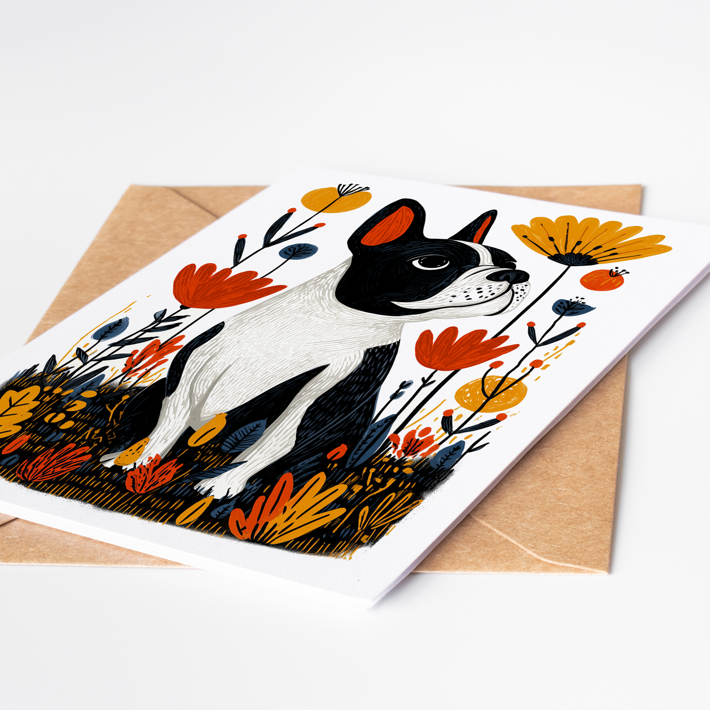 Illustrated Frenchie note card surrounded by whimsical autumn-hued flowers on premium matte stock; perfect birthday or thank-you for French bulldog fans.
