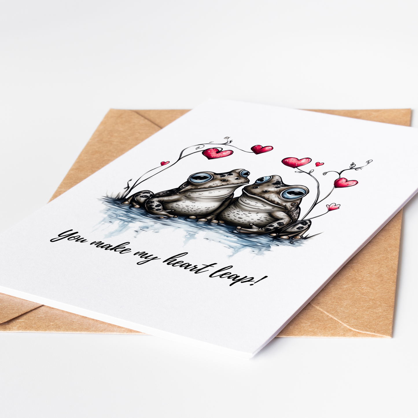Two frogs in love Valentine's card - funny animal pun card with heart decorations for couples