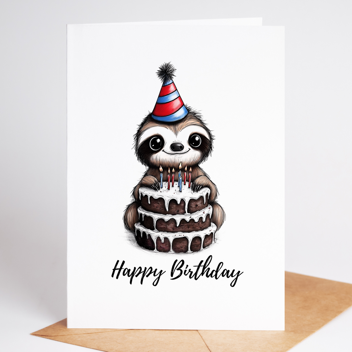 Funny personalized sloth birthday card, ideal gift for sloth lovers, with optional custom name feature.